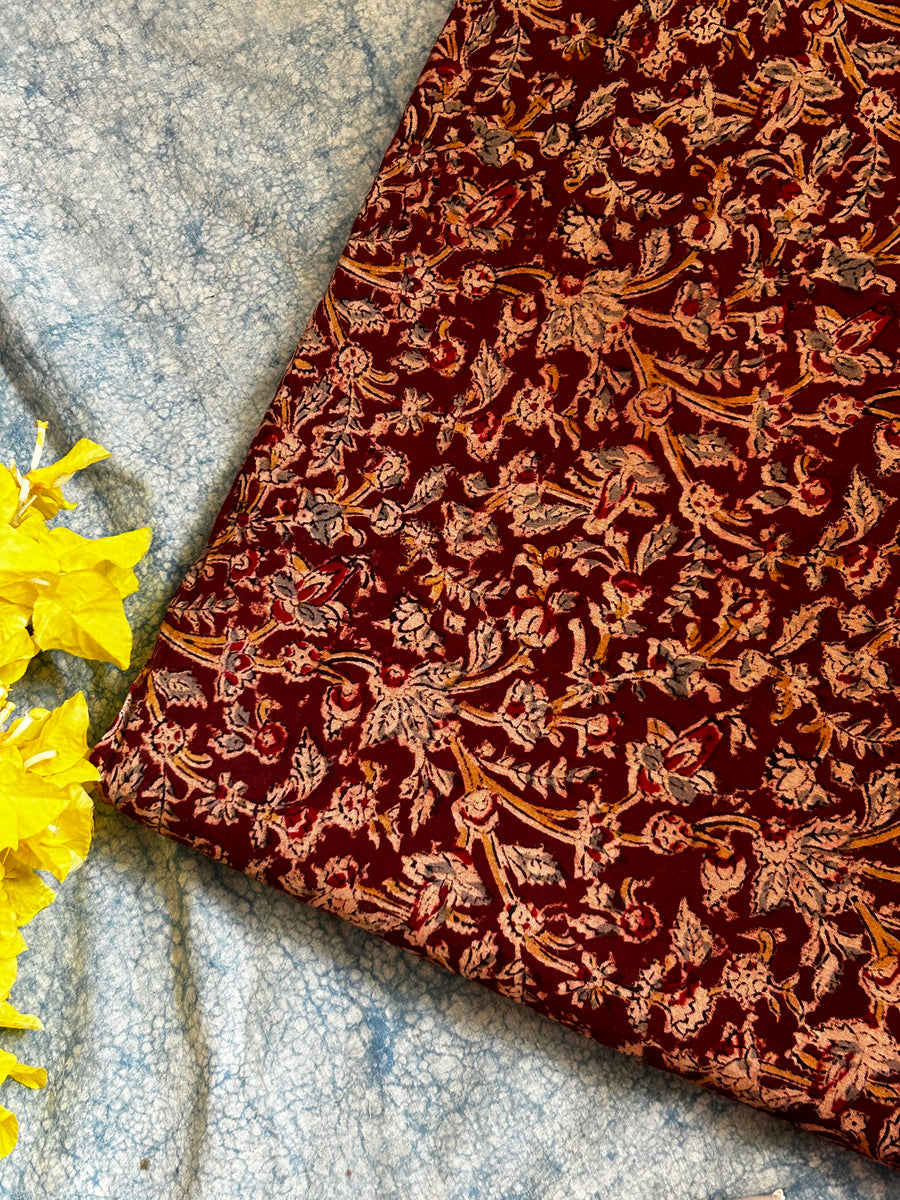 Brown - Merino Wool Pedana Block Print Kalamkari 3pc Unstitched Dress Material in Natural Dyed 15