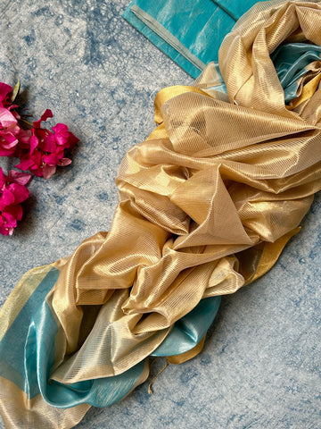 Handwoven Maheshwari Tissue Kurta Dupatta Set - Sky Blue & Gold