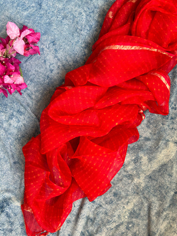 Handcrafted Tie-Dye Silk Kota Doria Dupatta - Red & haldi yellow