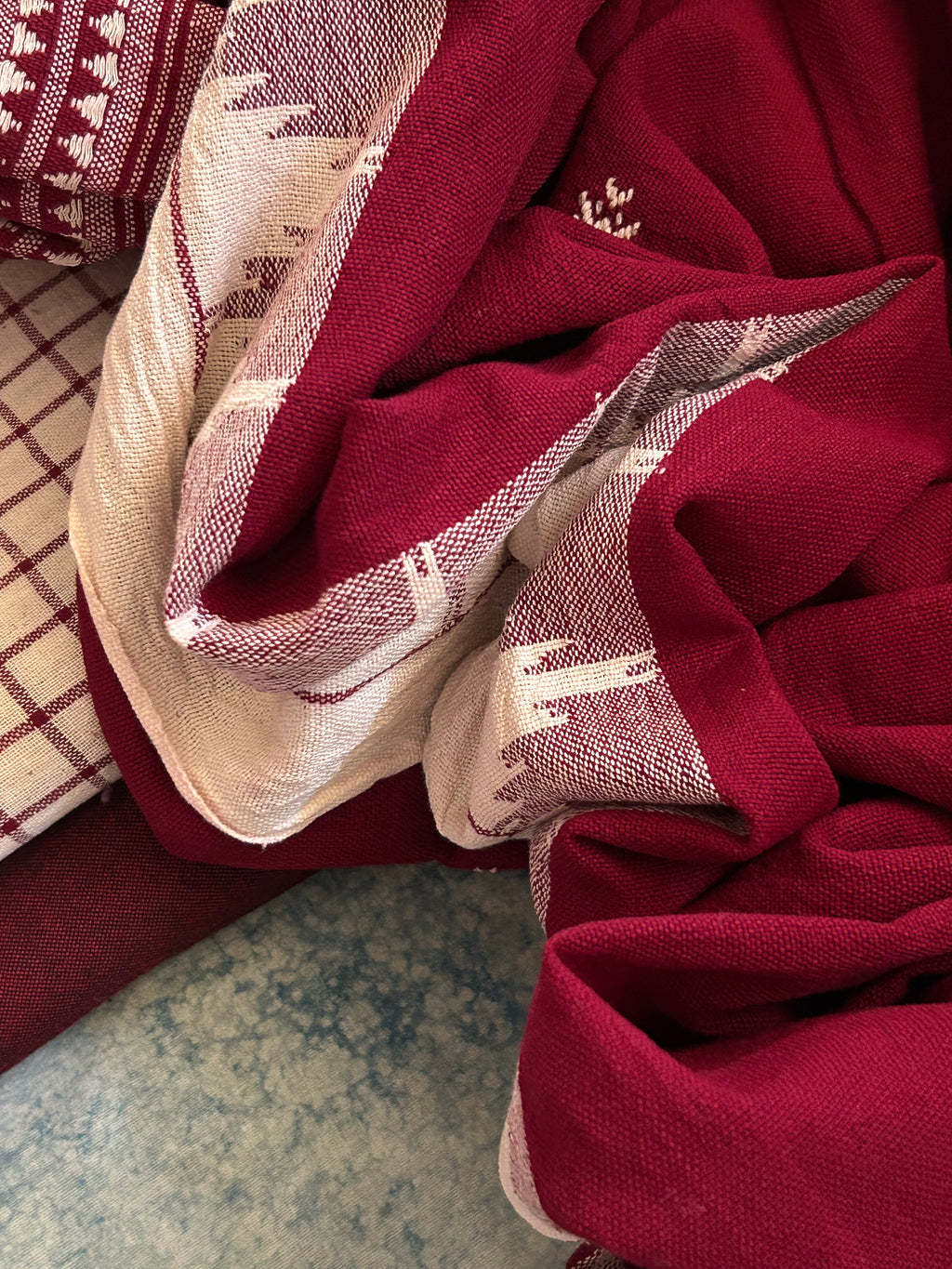 Handspun Handwoven Kotpad Suit Set - Ivory Maroon Checks