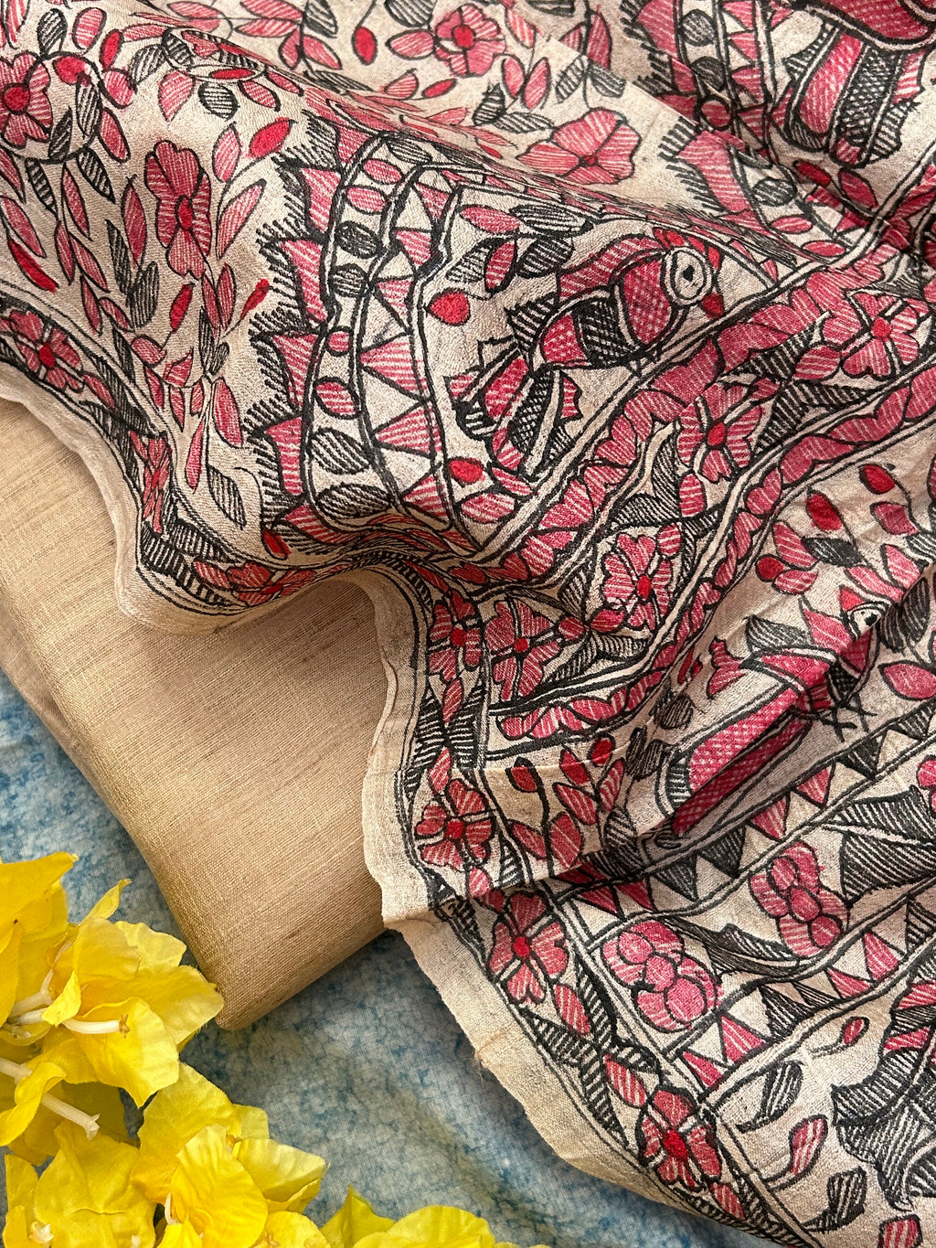 Madhubani Handpainted Handwoven Tussar Silk Kurta Dupatta Set