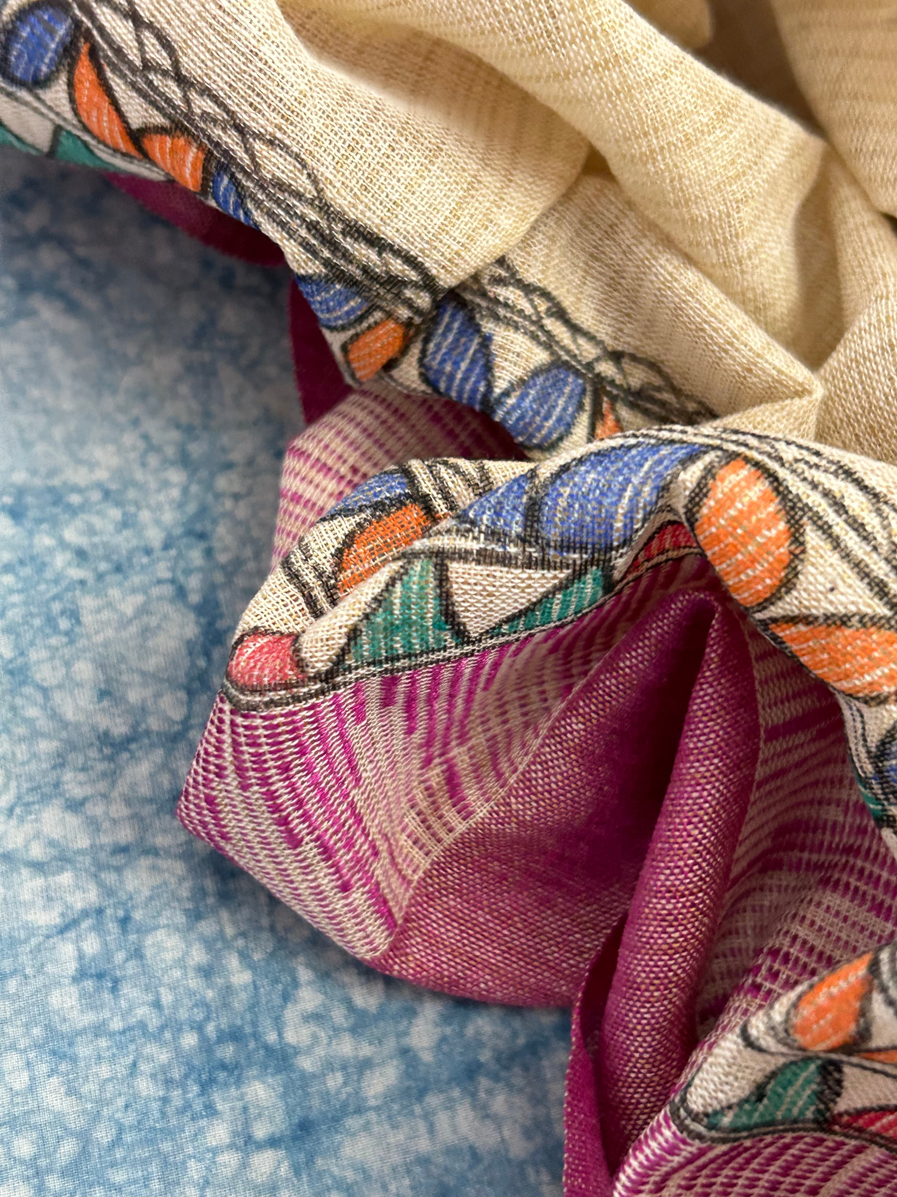 Madhubani Handpainted Cotton Silk Dupatta