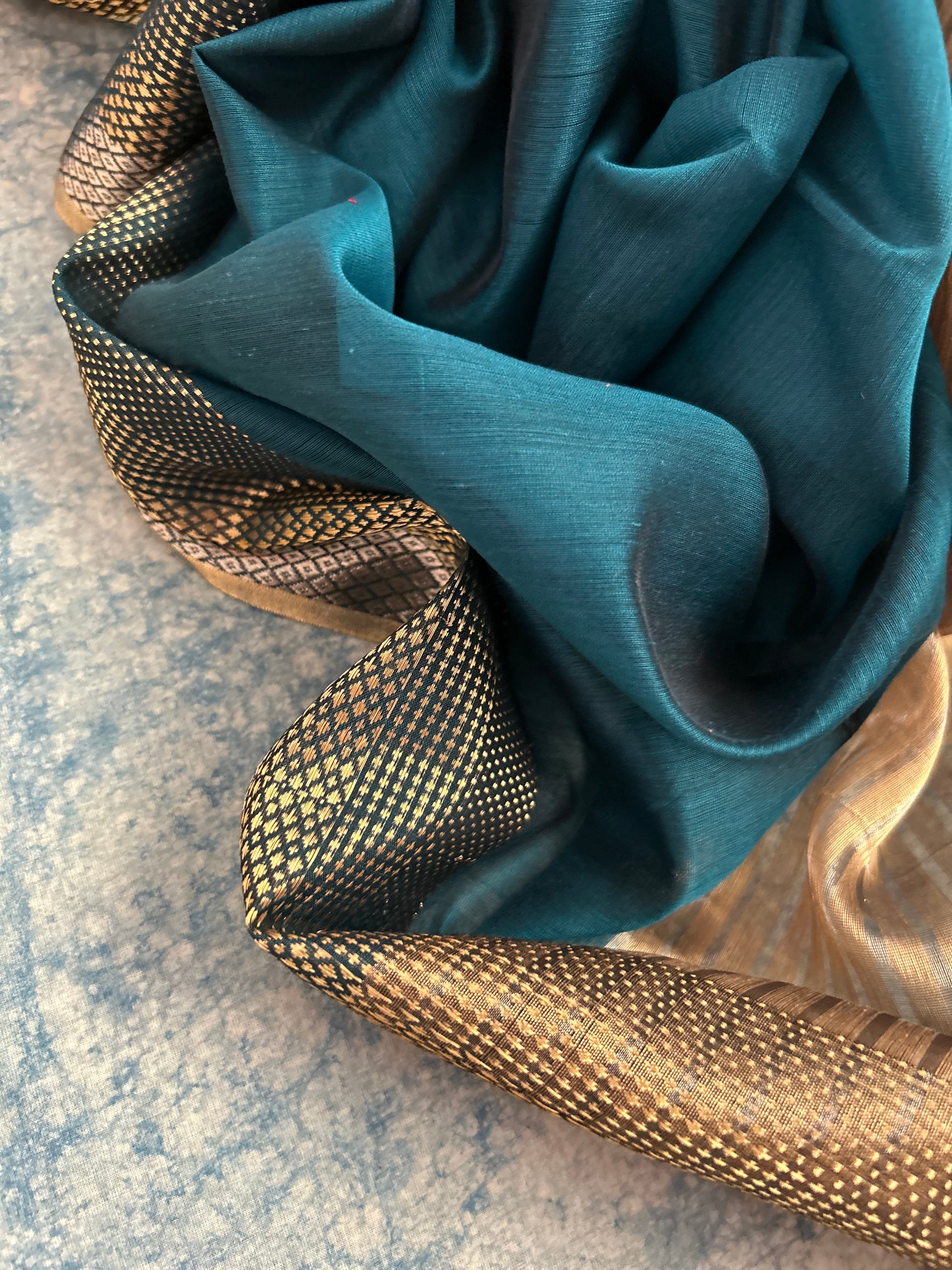 Handwoven Maheshwari Kurta dupatta set - Teal Blue