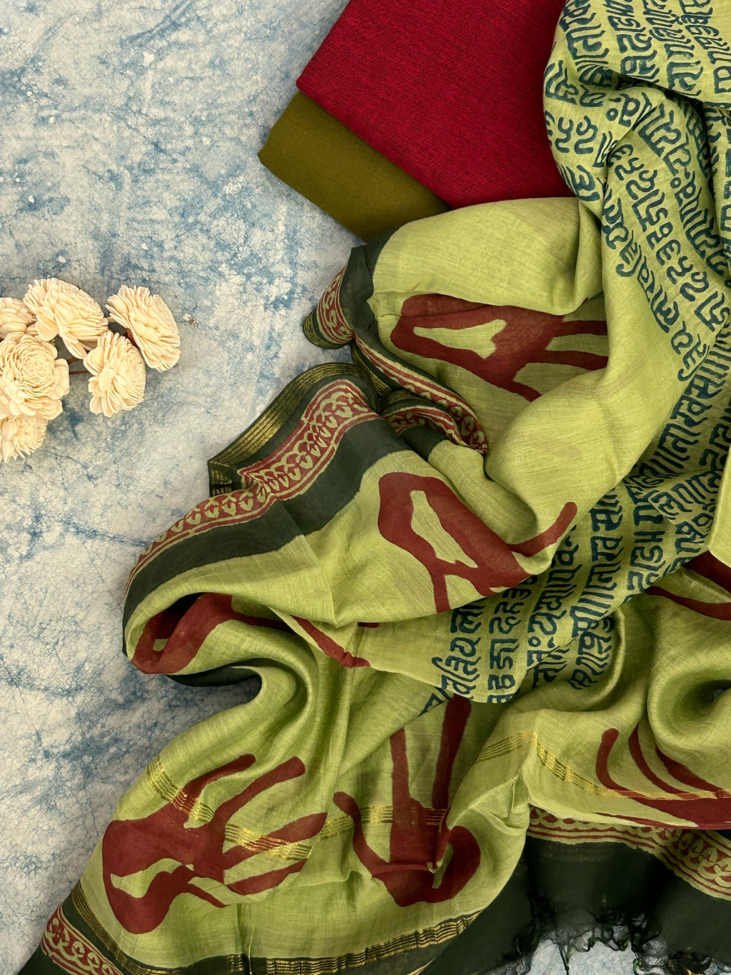 Handwoven Handblock Printed Set - Maroon and Green