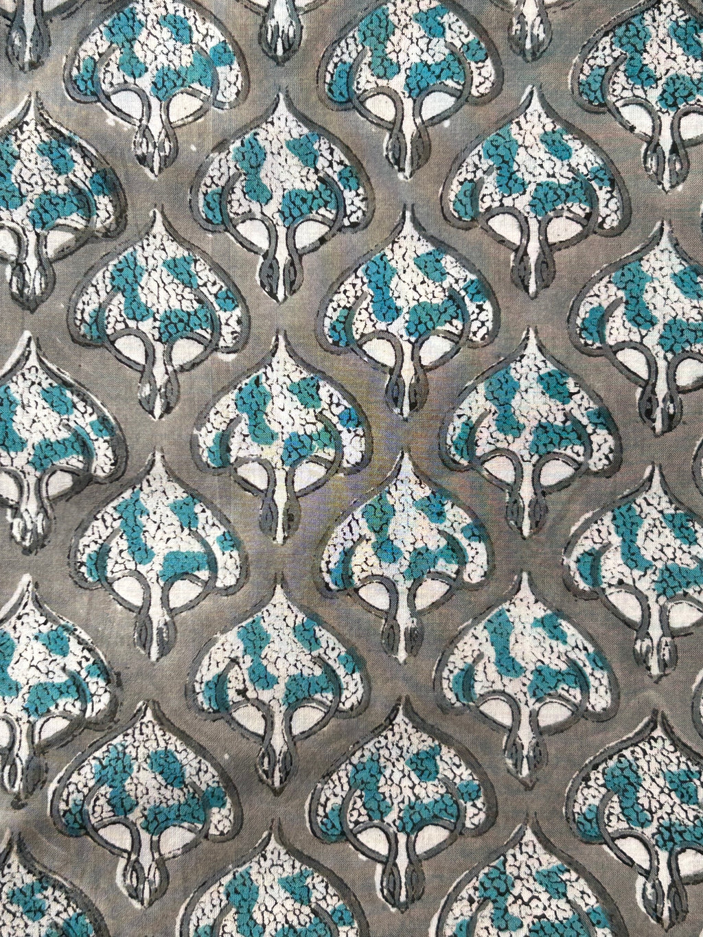 Handblock  Cotton Fabric -  Mughal Butta Grey & Teal