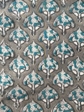 Handblock  Cotton Fabric 1m -  Mughal Butta Grey & Teal