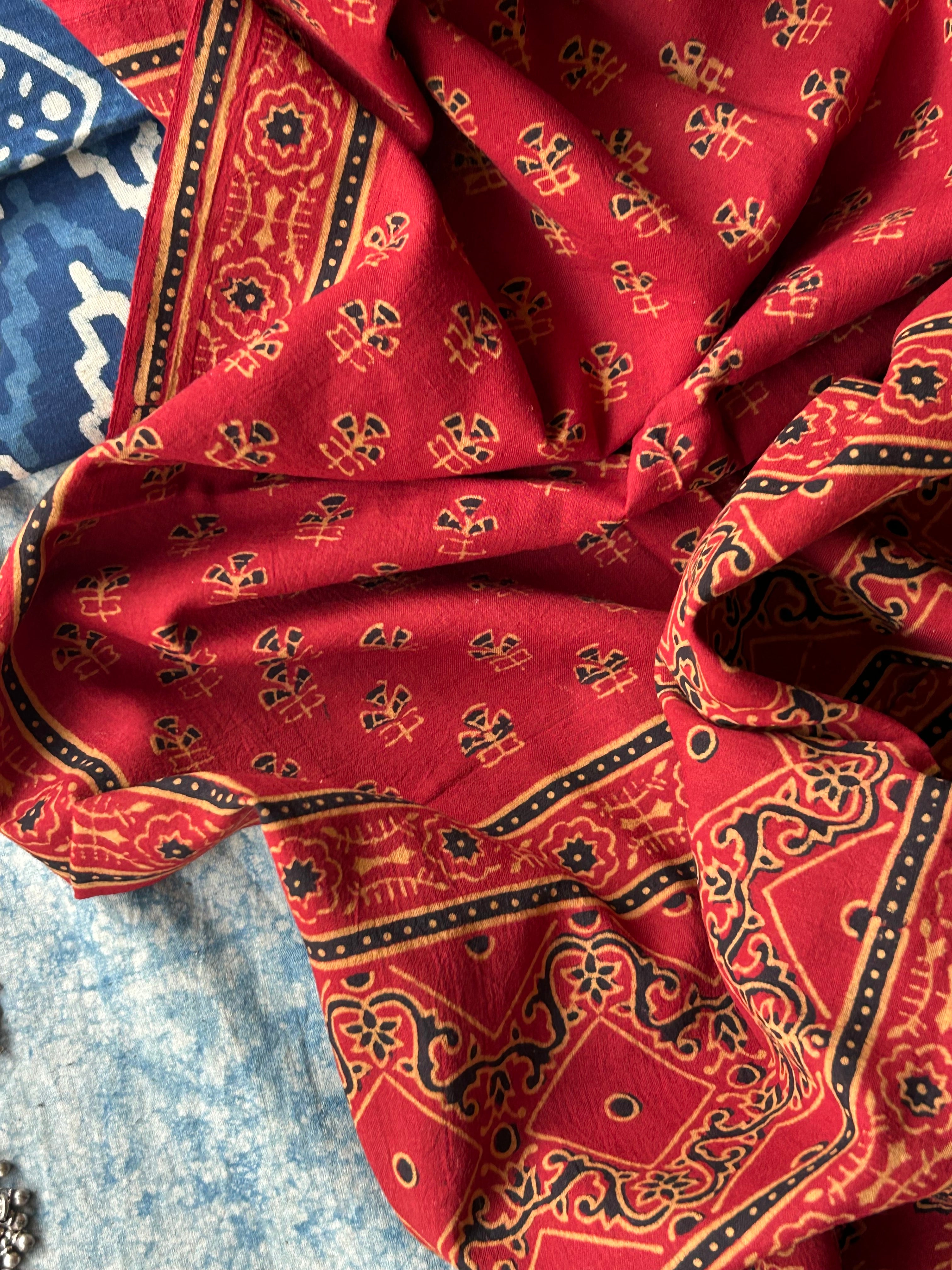 Daboo and Ajrakh Handblock Printed Set - Indigo and Madder Red