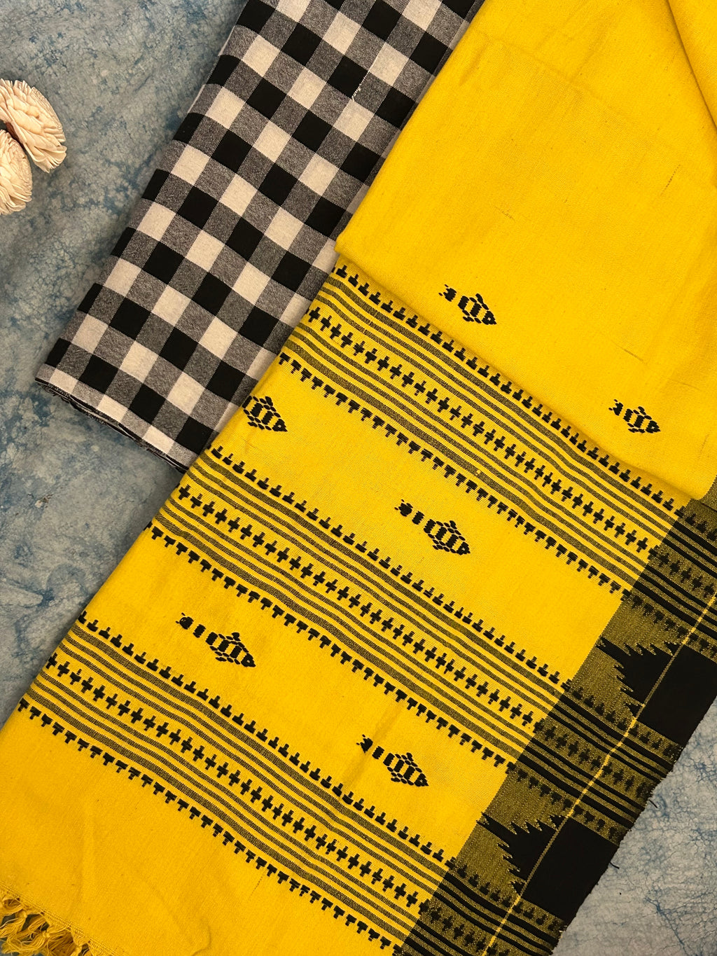 Handspun Handwoven Kotpad Suit Set - Checkered Black & Yellow