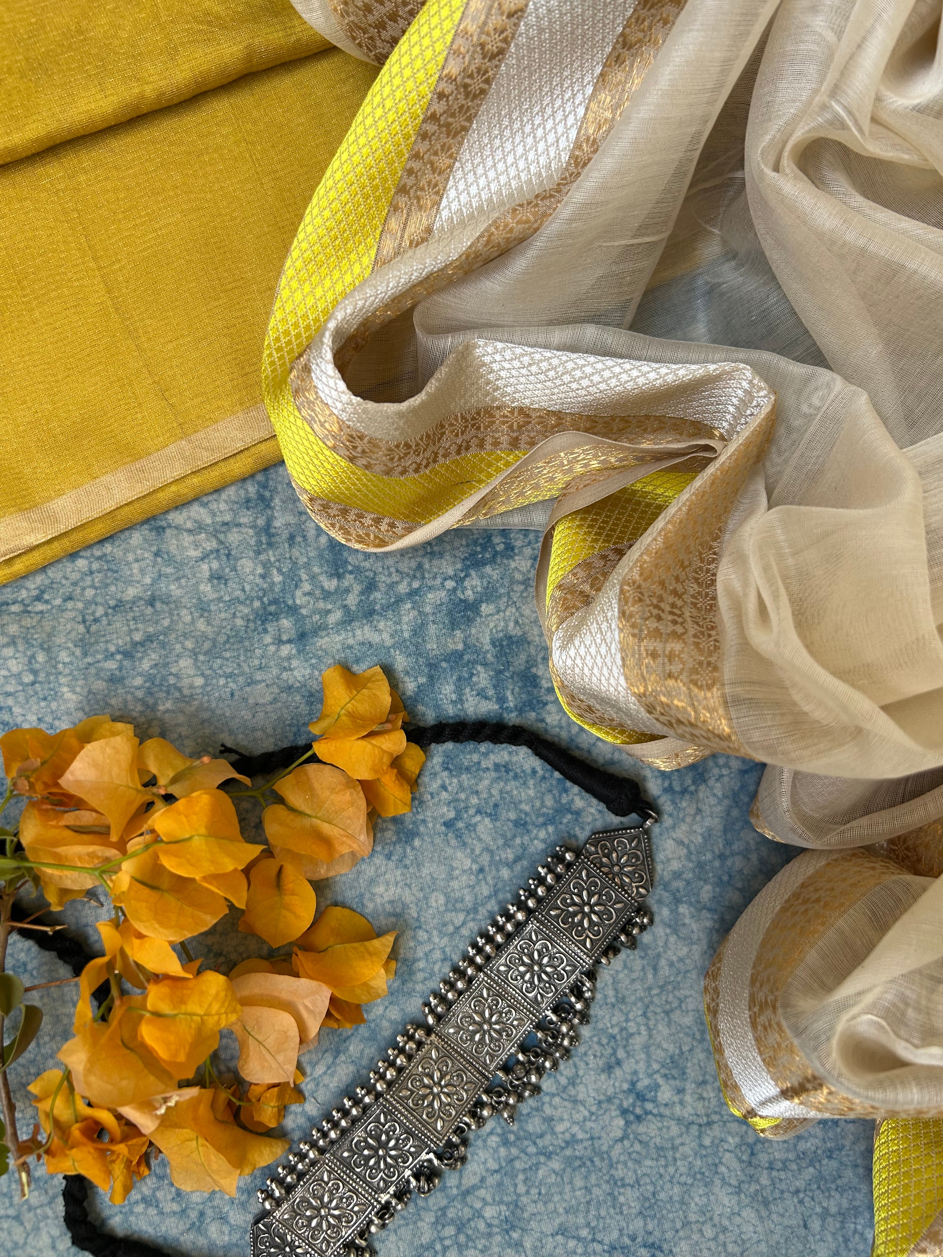 Handwoven Maheshwari Kurta Dupatta Set -Sunshine Yellow and Ivory