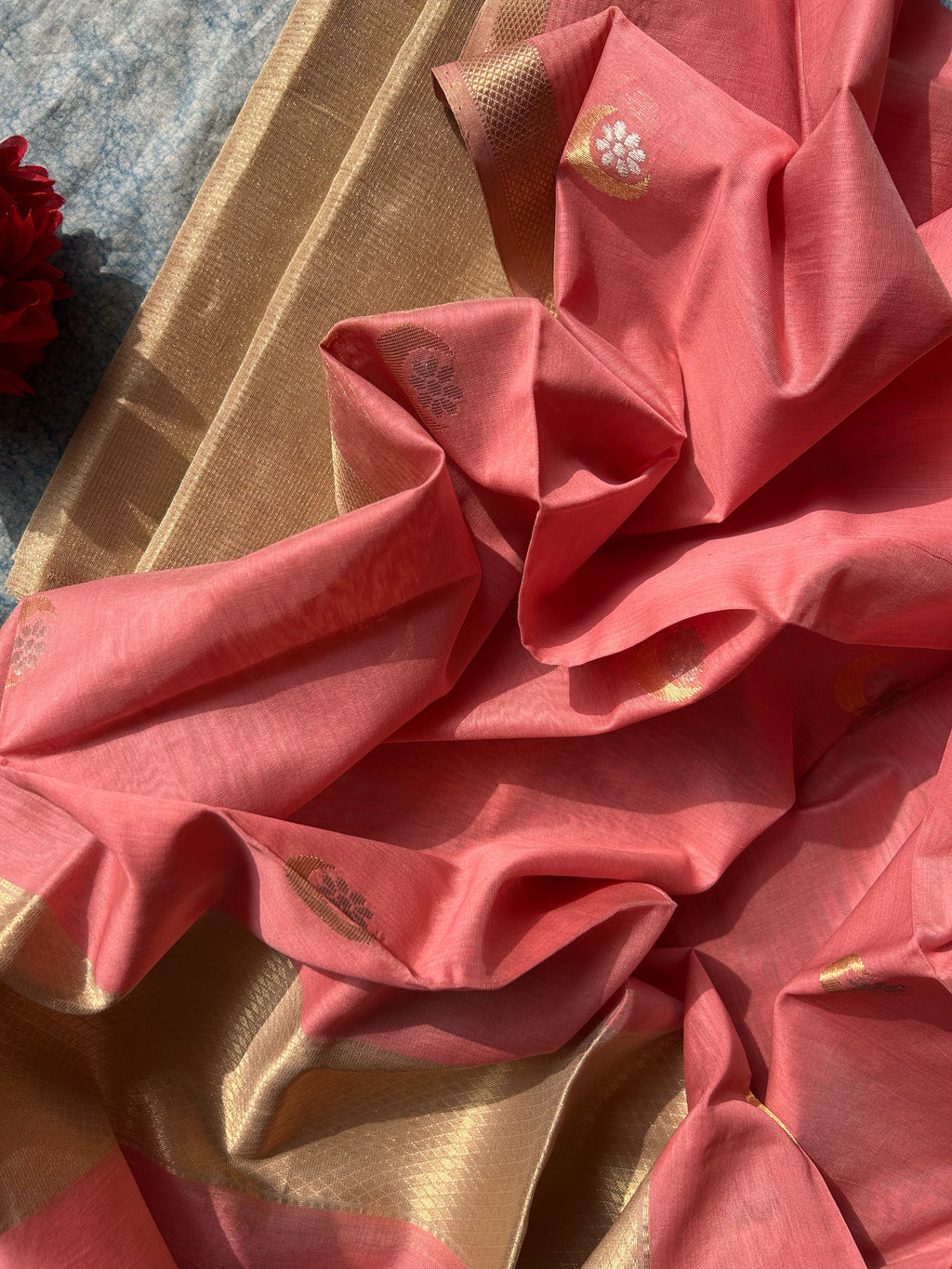 Handwoven Maheshwari Tissue Kurta Dupatta Set -Gold & Baby Pink