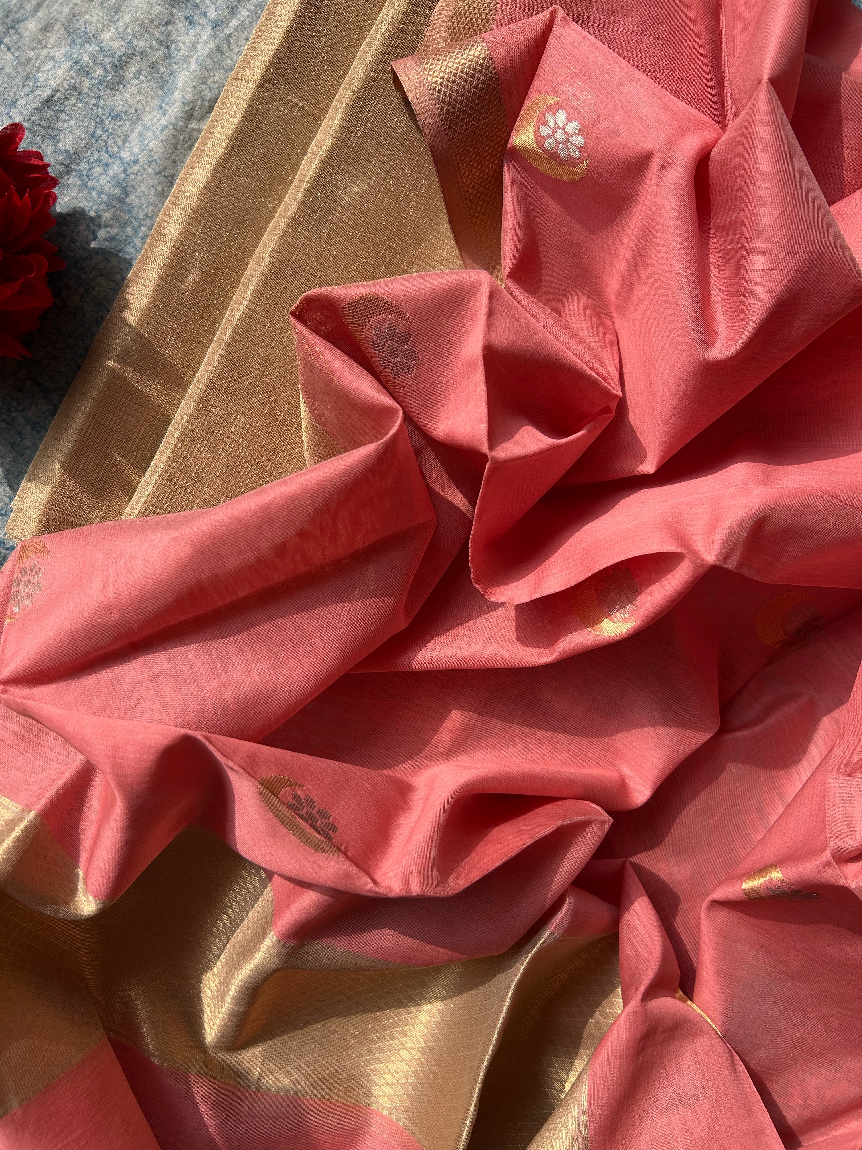 Handwoven Maheshwari Tissue Kurta Dupatta Set -Gold & Baby Pink