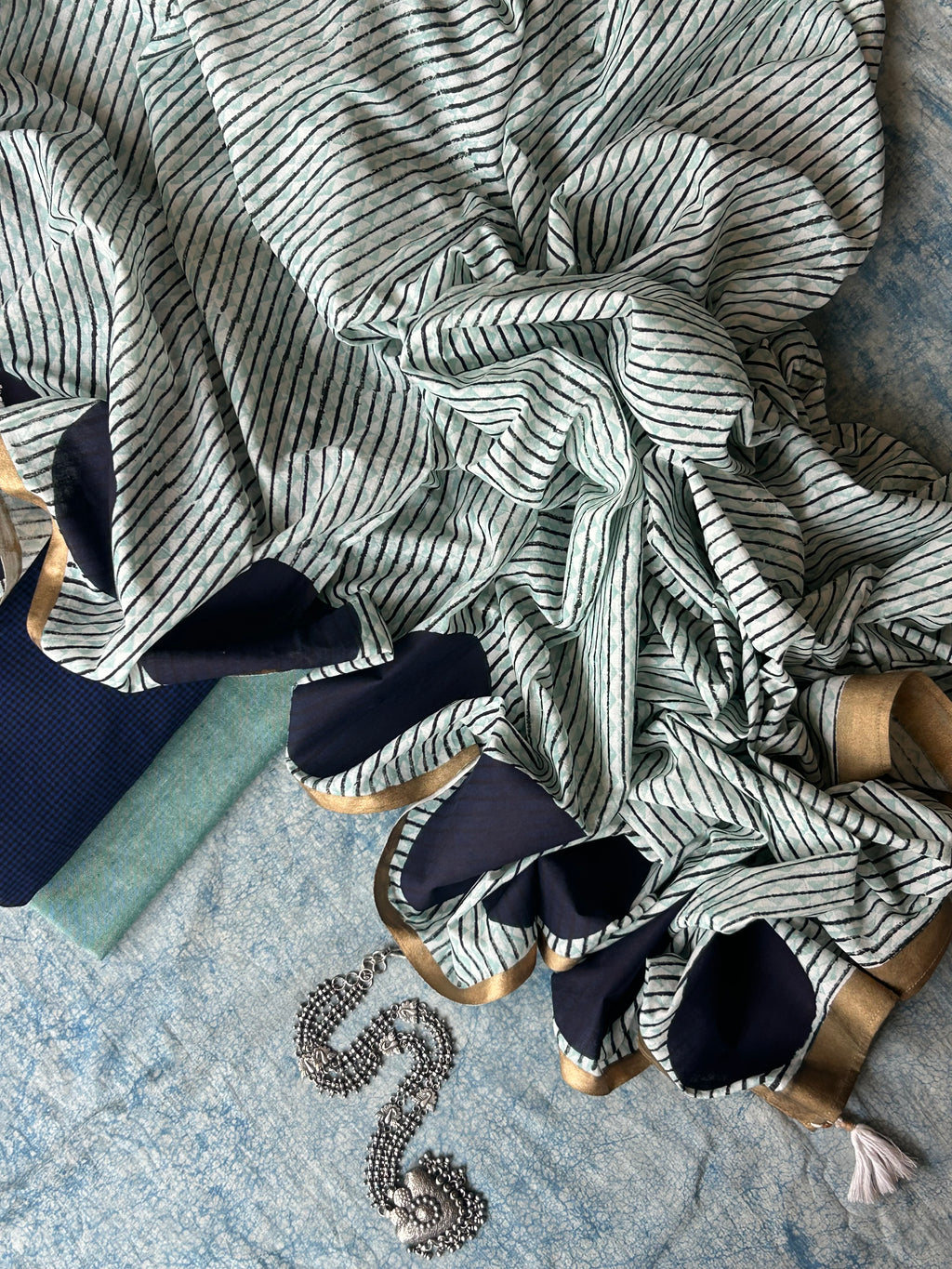 Handwoven Handblock Printed Set - Midnight blue & Turquoise