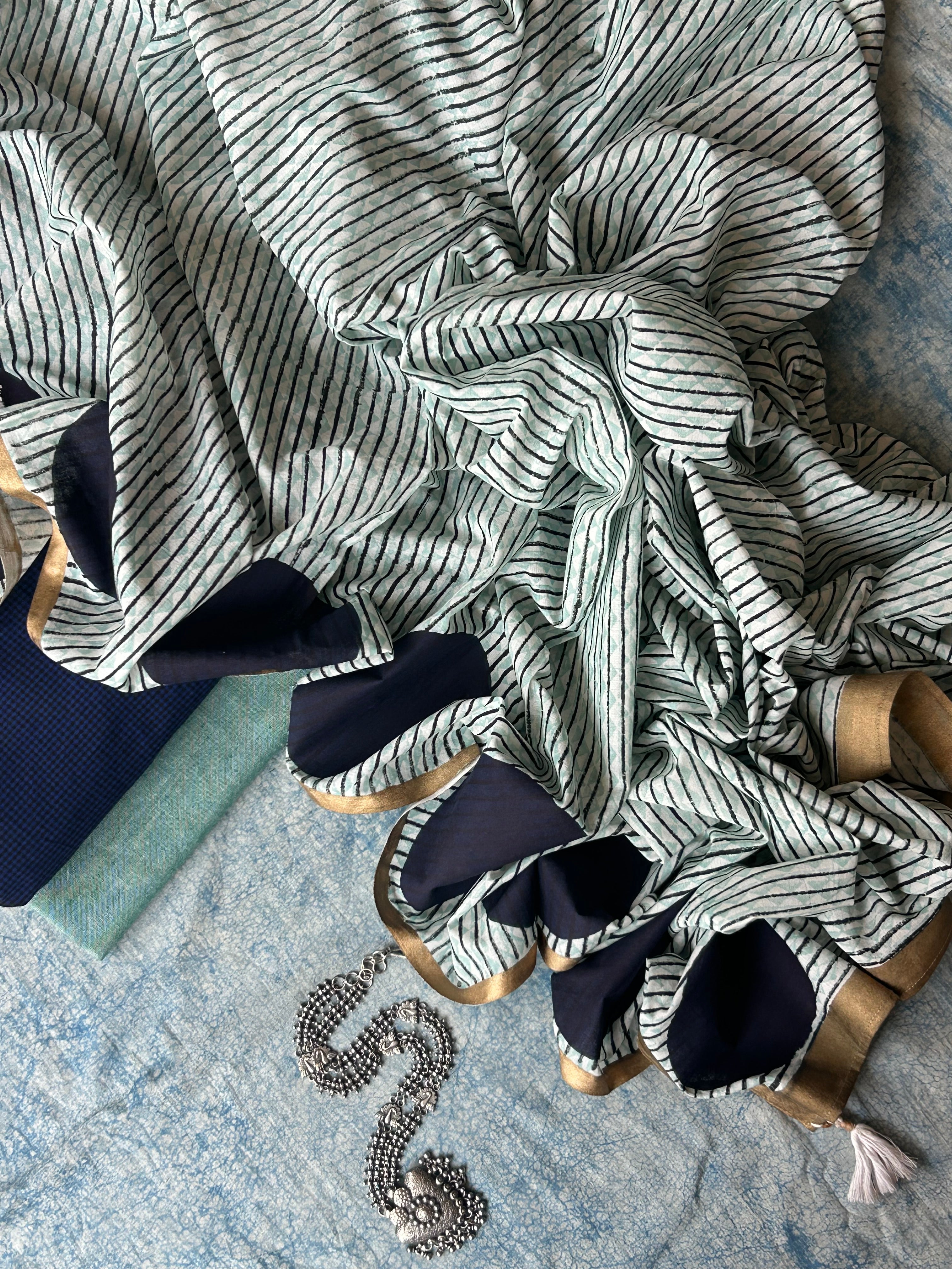 Handwoven Handblock Printed Set - Midnight blue & Turquoise