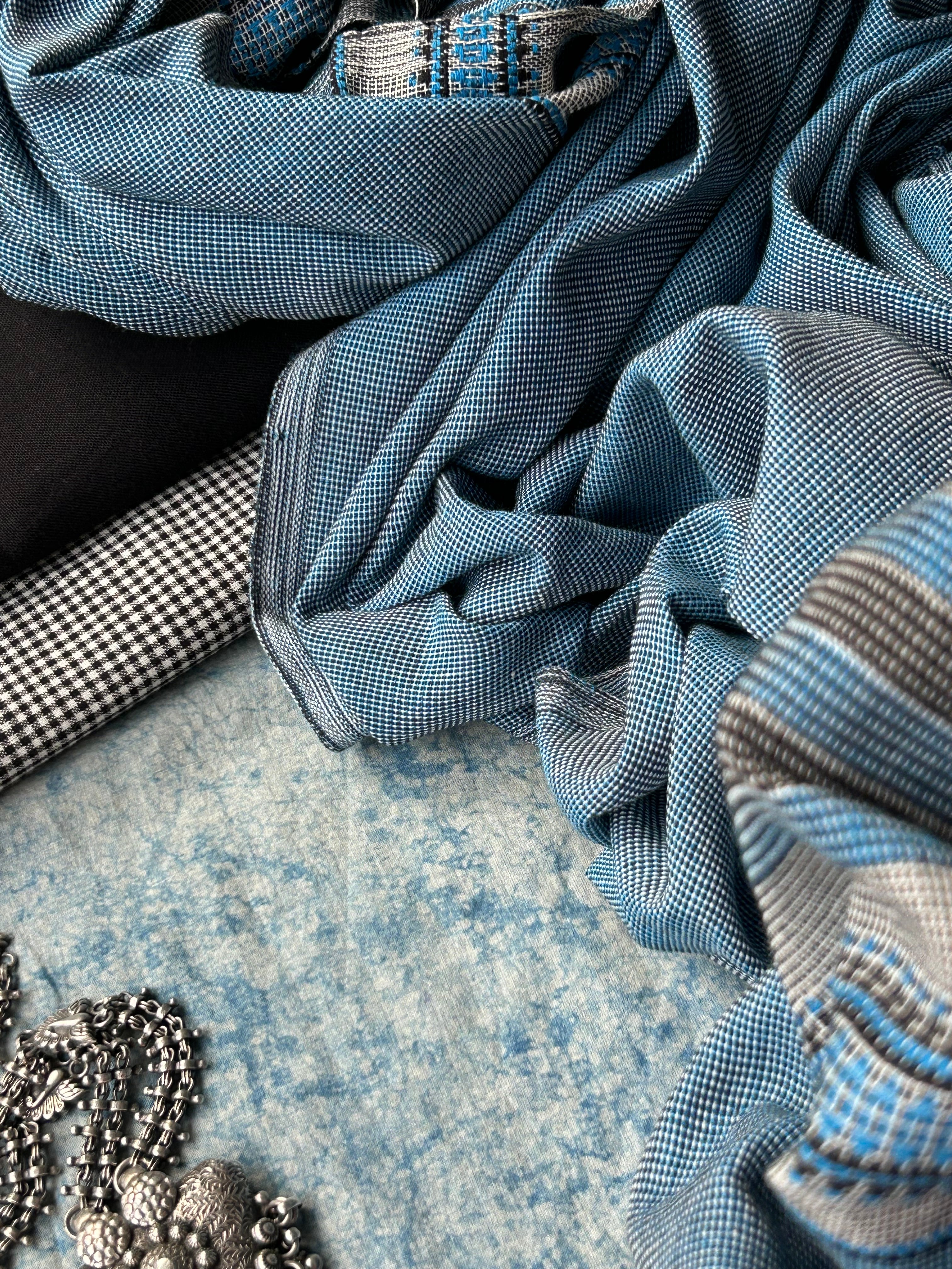 Neelambar - Handwoven Telangana Cotton and Bhujodi Dupatta Set