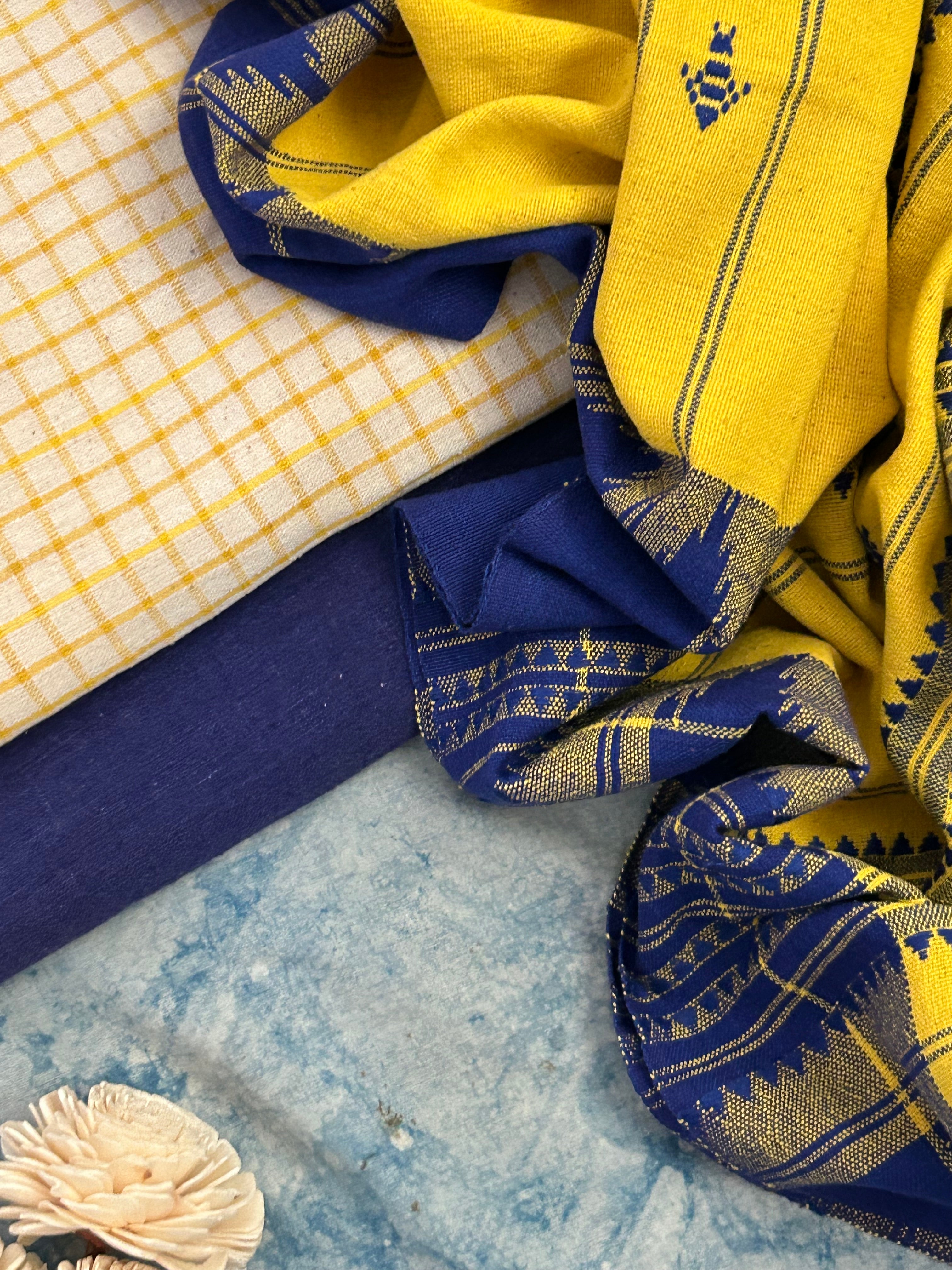 Handspun Handwoven Kotpad Suit Set - Checkered Yellow & Blue