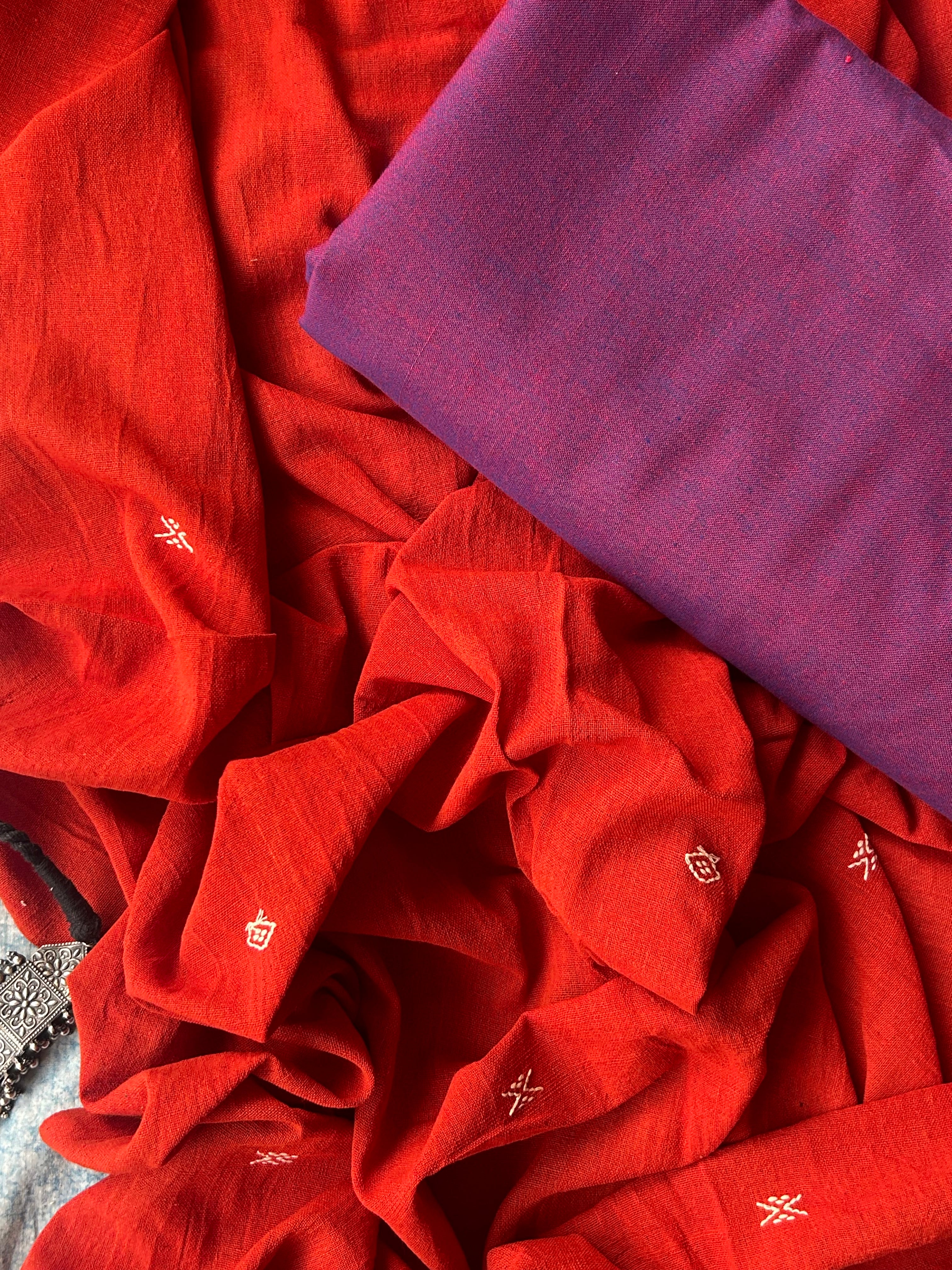 Handspun Handwoven Kotpad Suit Set - Bright Orange and Purple