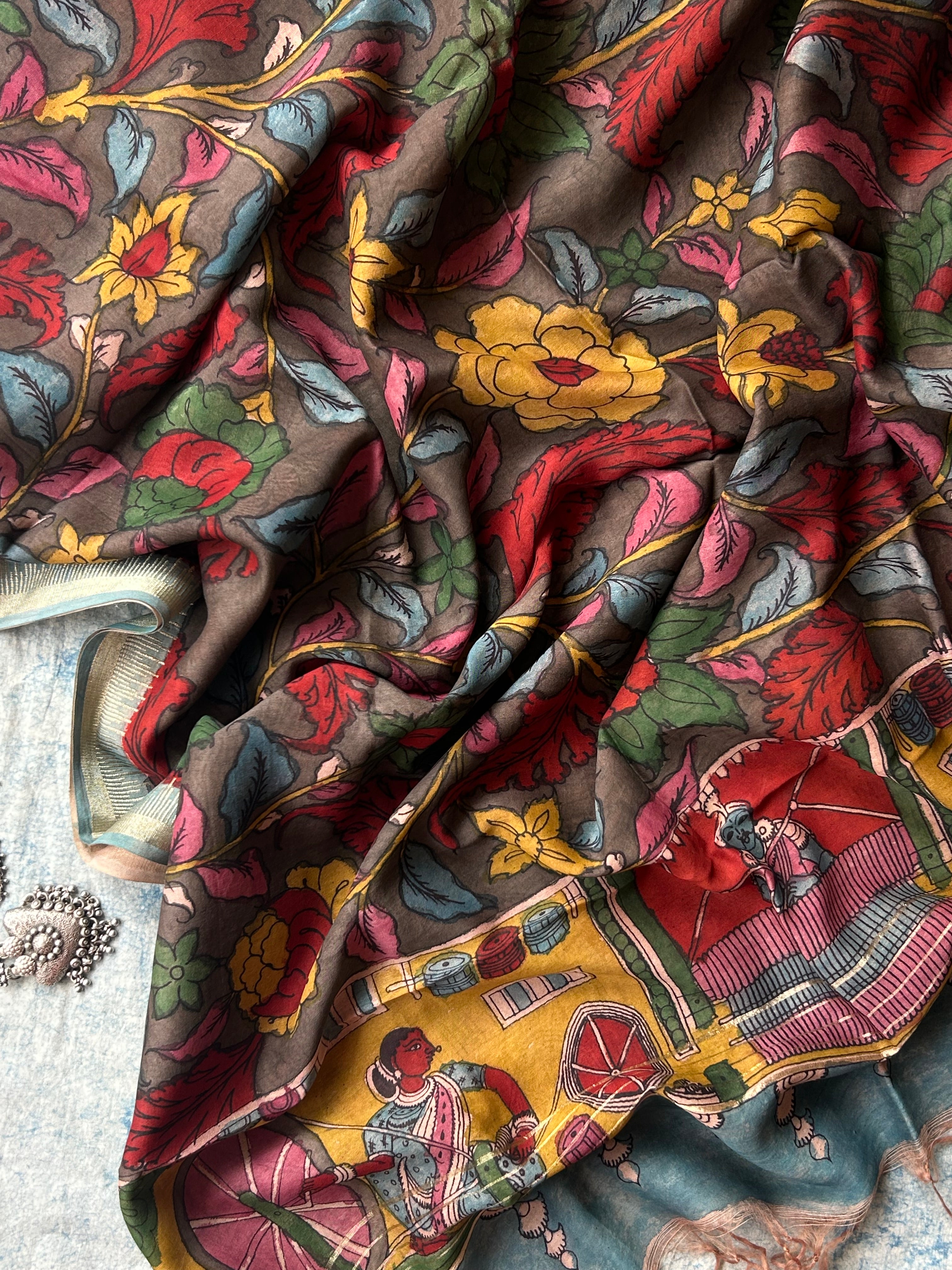Chitralekha -Handwoven Hand-drawn Handpainted Pen Kalamkari Dupatta