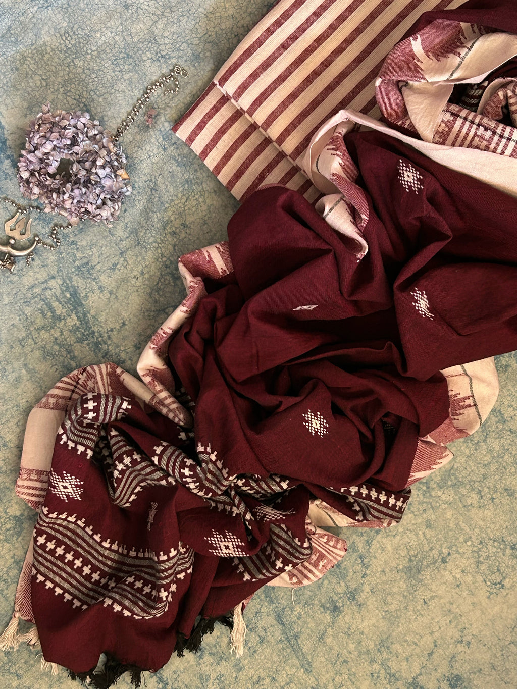 Handspun Handwoven Kotpad Suit Set - Ivory & Deep Maroon Stripes
