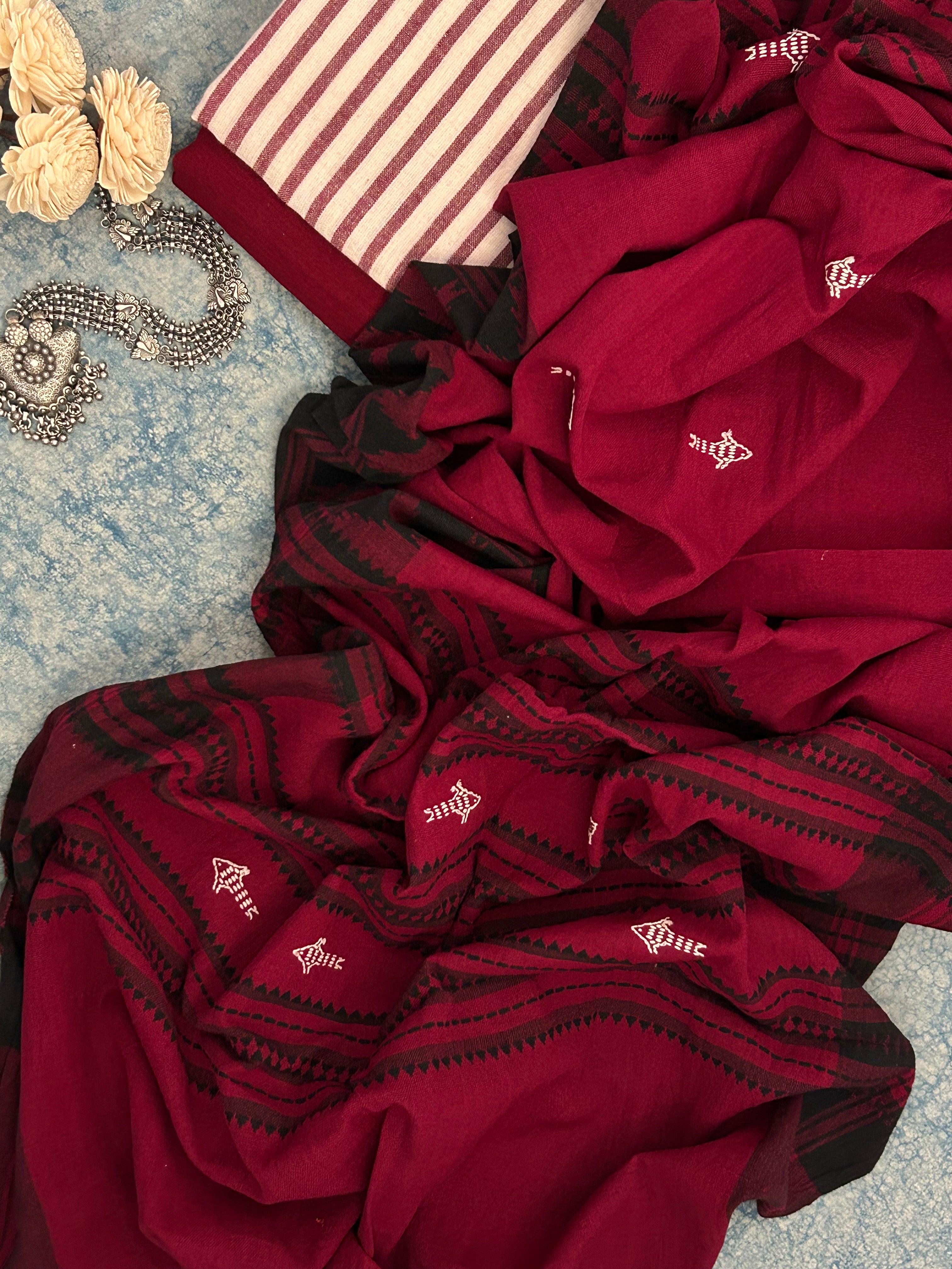 Handspun Handwoven Kotpad Suit Set - Ivory & Deep Maroon