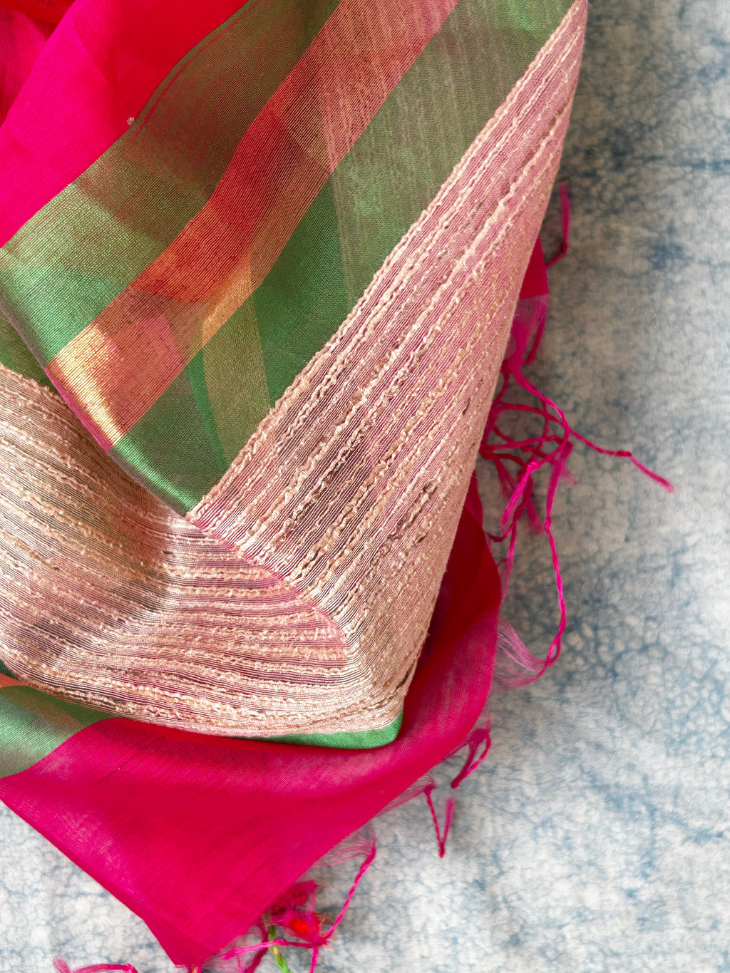Handwoven Maheshwari Tissue Kurta Dupatta Set - Green & Rose Pink