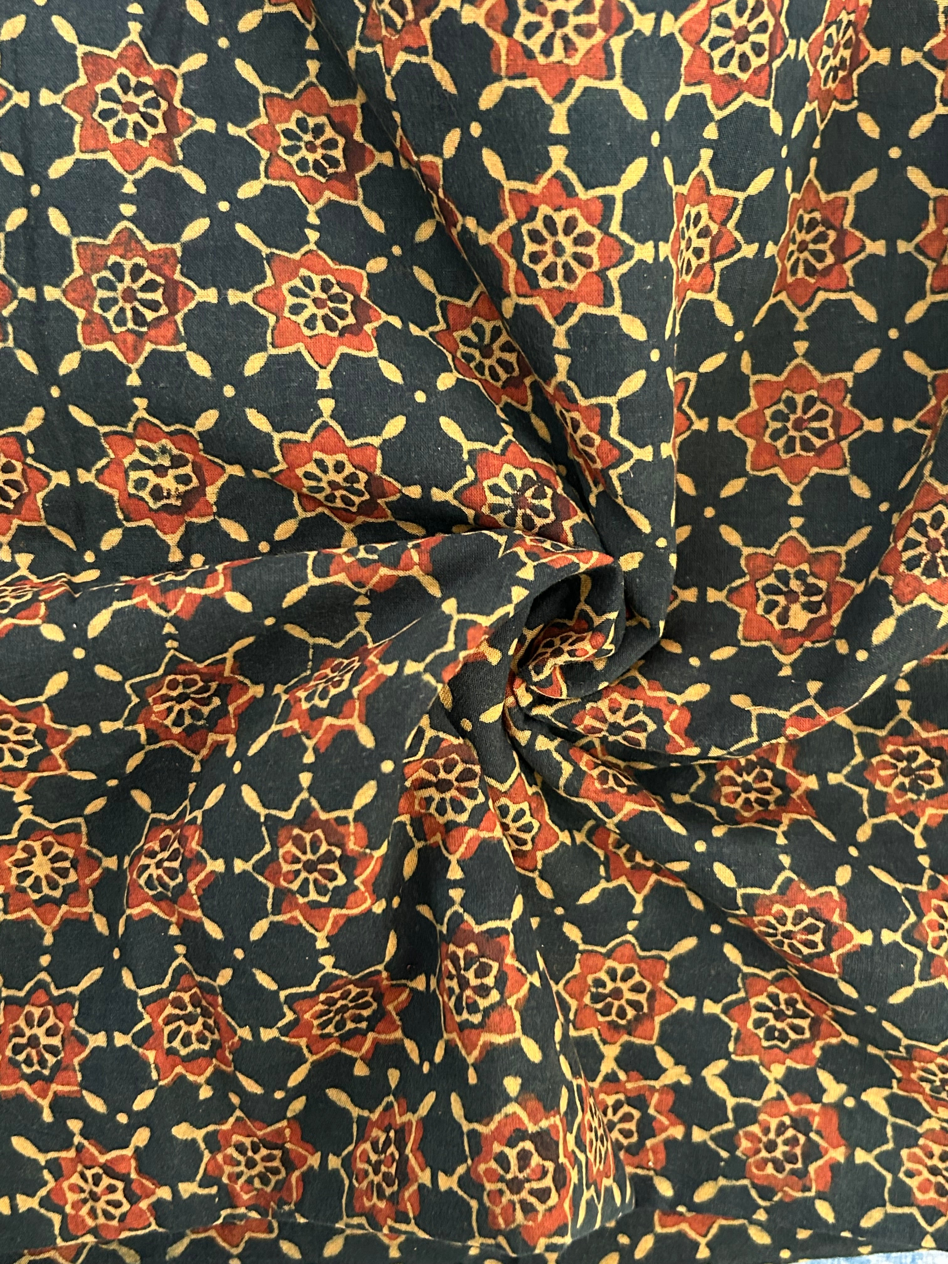 Handblock Printed Ajrakh Cotton - Green Jaal (2.4m)