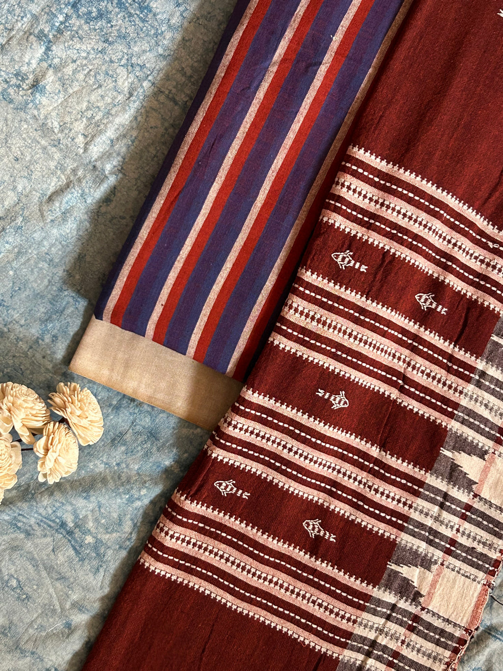 Handspun Handwoven Kotpad Suit Set -Blue Rust Stripes