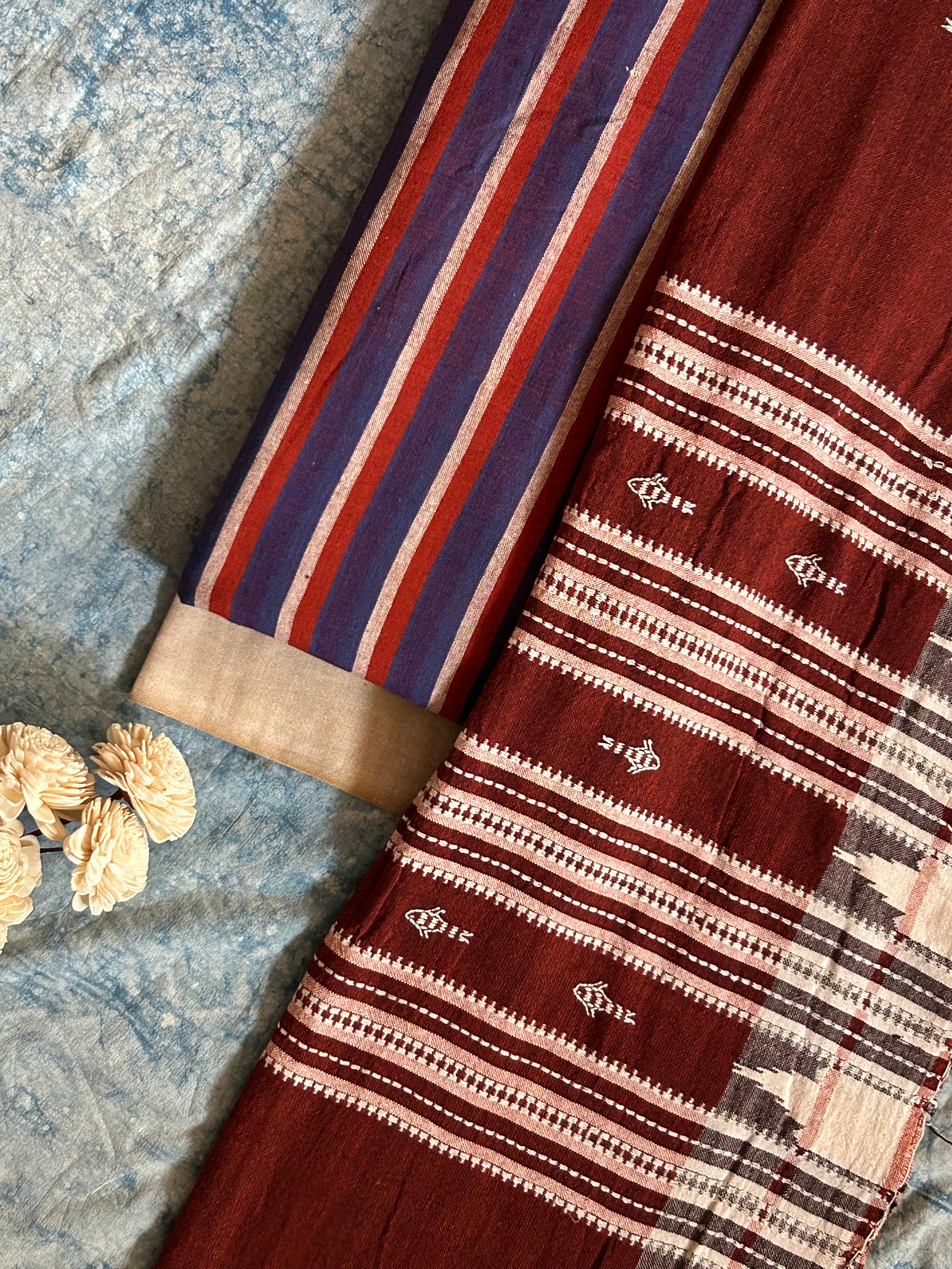 Handspun Handwoven Kotpad Suit Set -Blue Rust Stripes