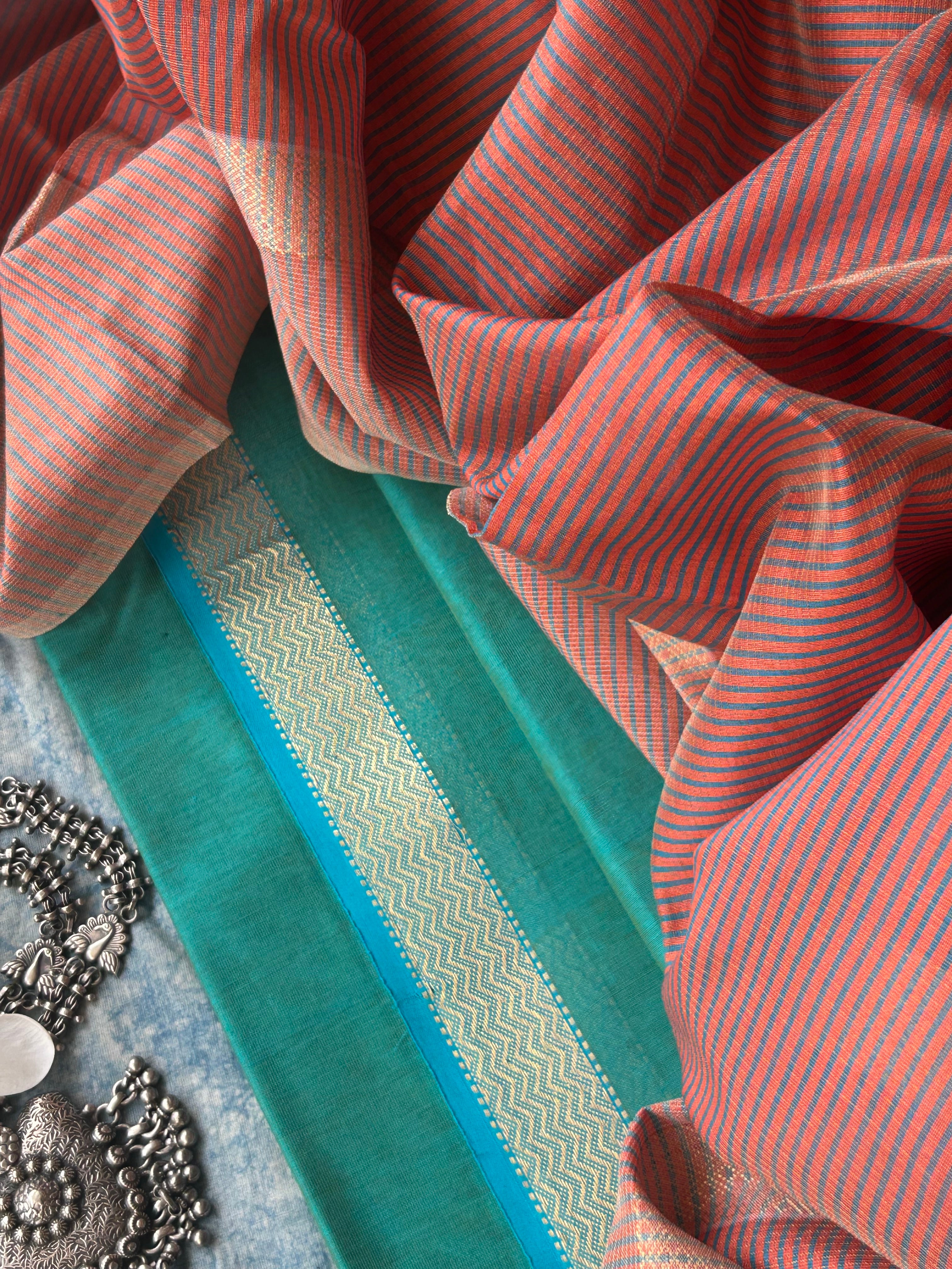 Handwoven Maheshwari Kurta Dupatta Set - Turquoise & Peach