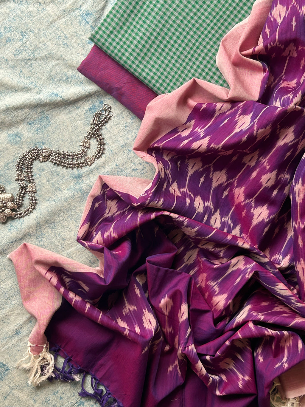 Handwoven Mangalagiri & Ikat Kurta Dupatta Set- Checkered Green and Deep Purple
