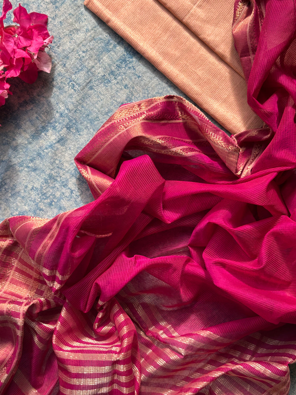 Handwoven Maheshwari Kurta Dupatta Set - Peach & Rose Pink
