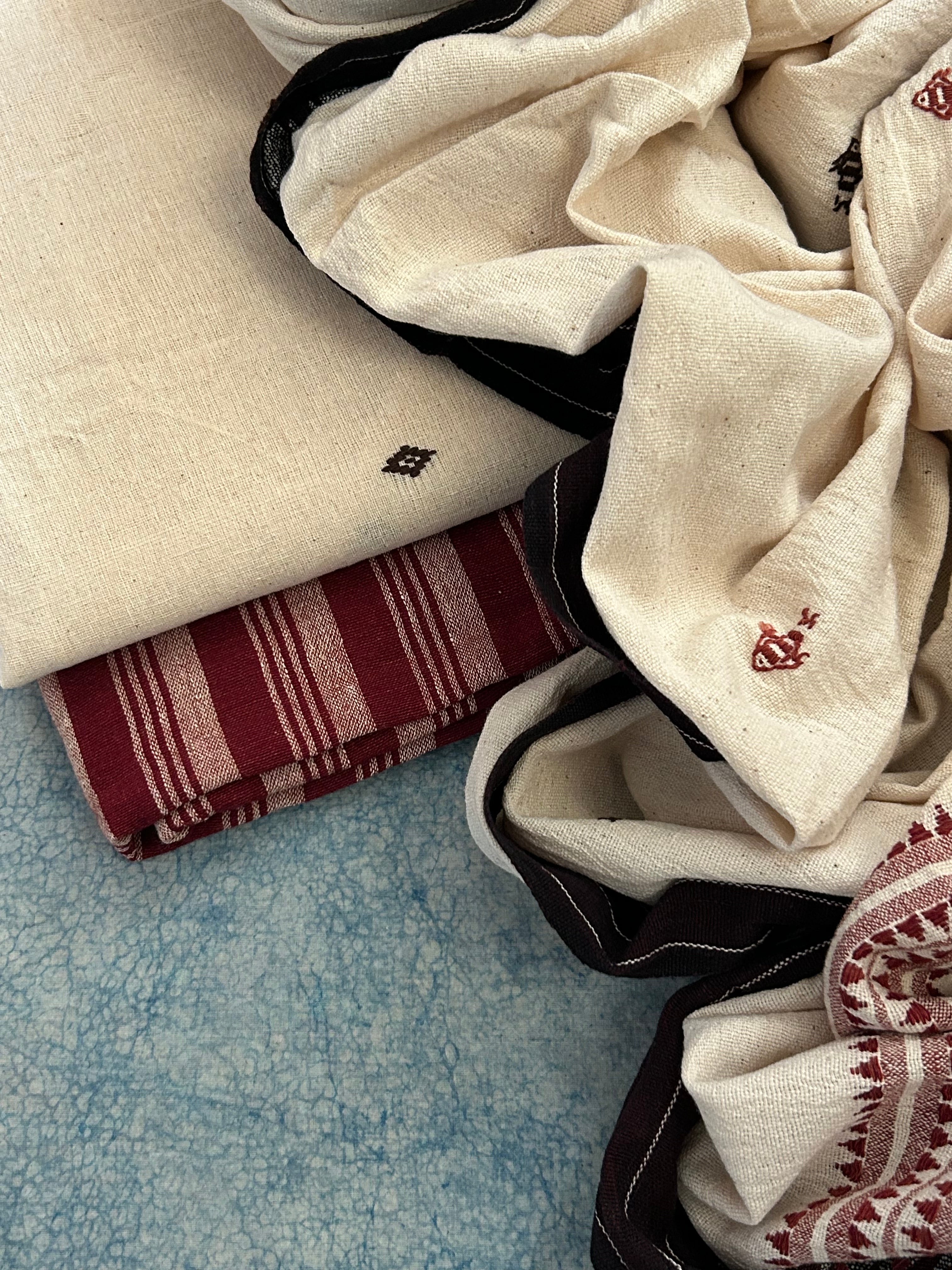 Handspun Handwoven Kotpad Suit Set - Ivory Butti and Maroon Stripes