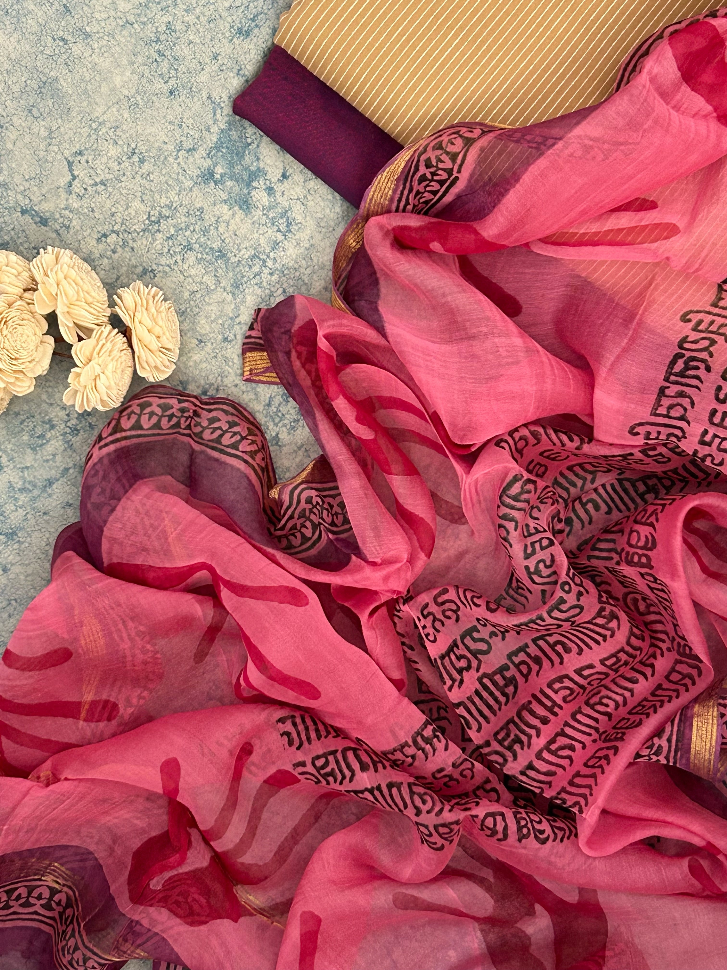 Handwoven Handblock Printed Set - Almond and Deep Plum