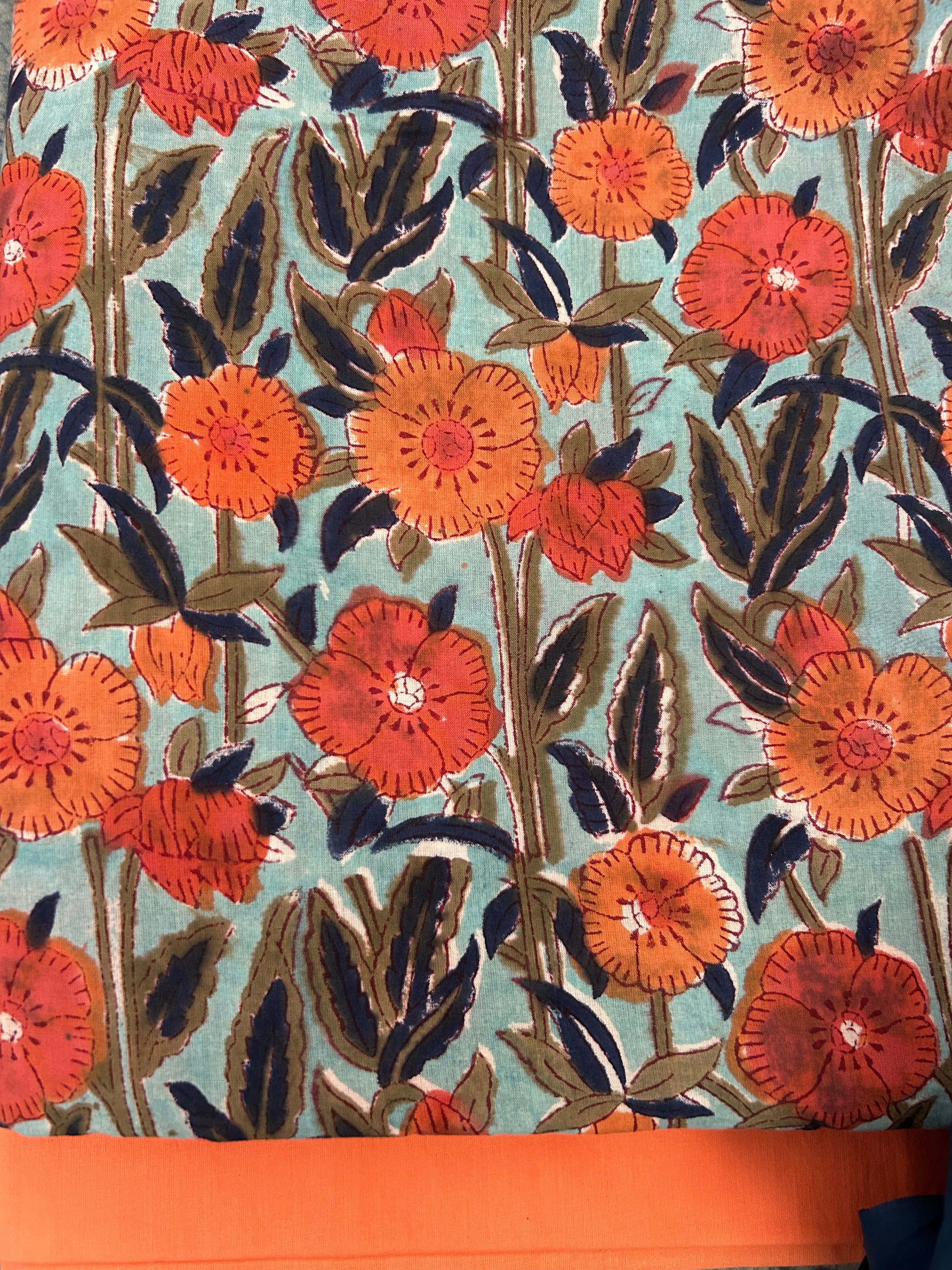 Handcrafted Cotton Suit Set - Multicolour Floral and Peach Orange