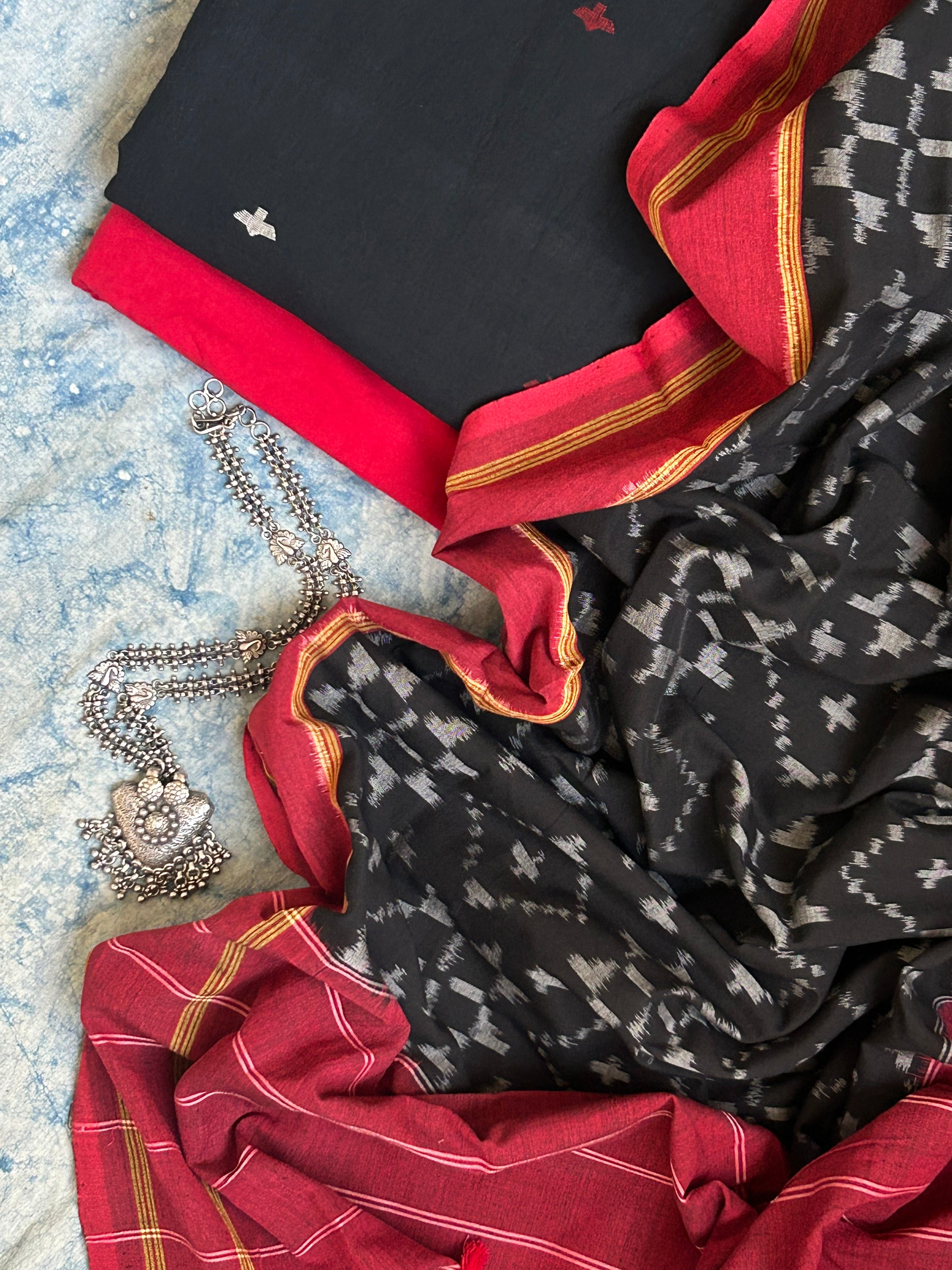Handwoven Cotton Bengal Jamdani Dupatta Set -Midnight Rose