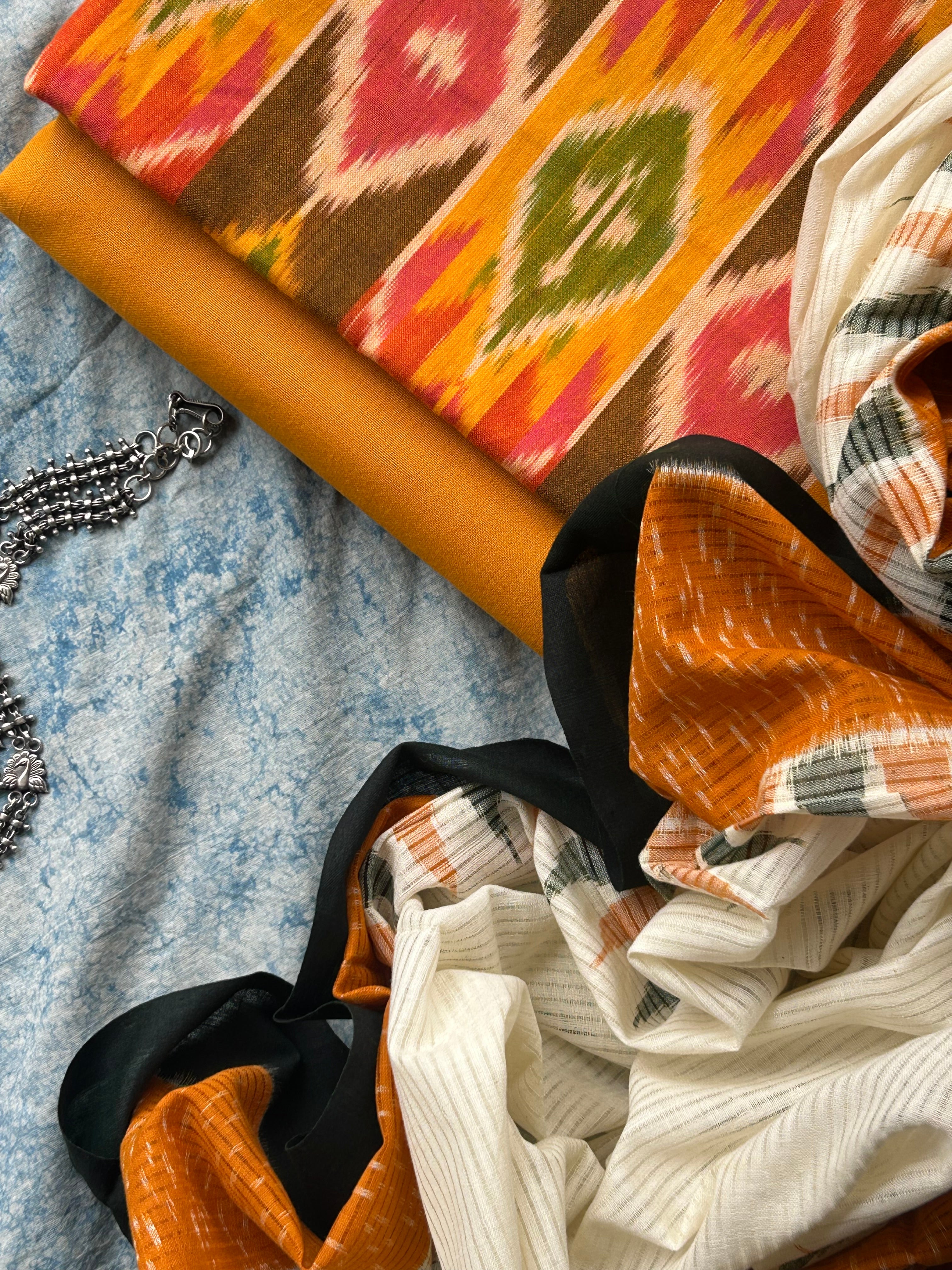 Kesariya - Handwoven Central Asian Pochampally  Ikath Kurta Dupatta Set