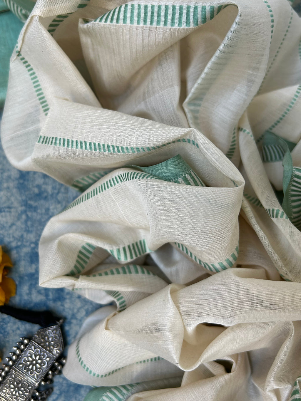 Handwoven Maheshwari Kurta Dupatta Set - Sage Green and Ivory