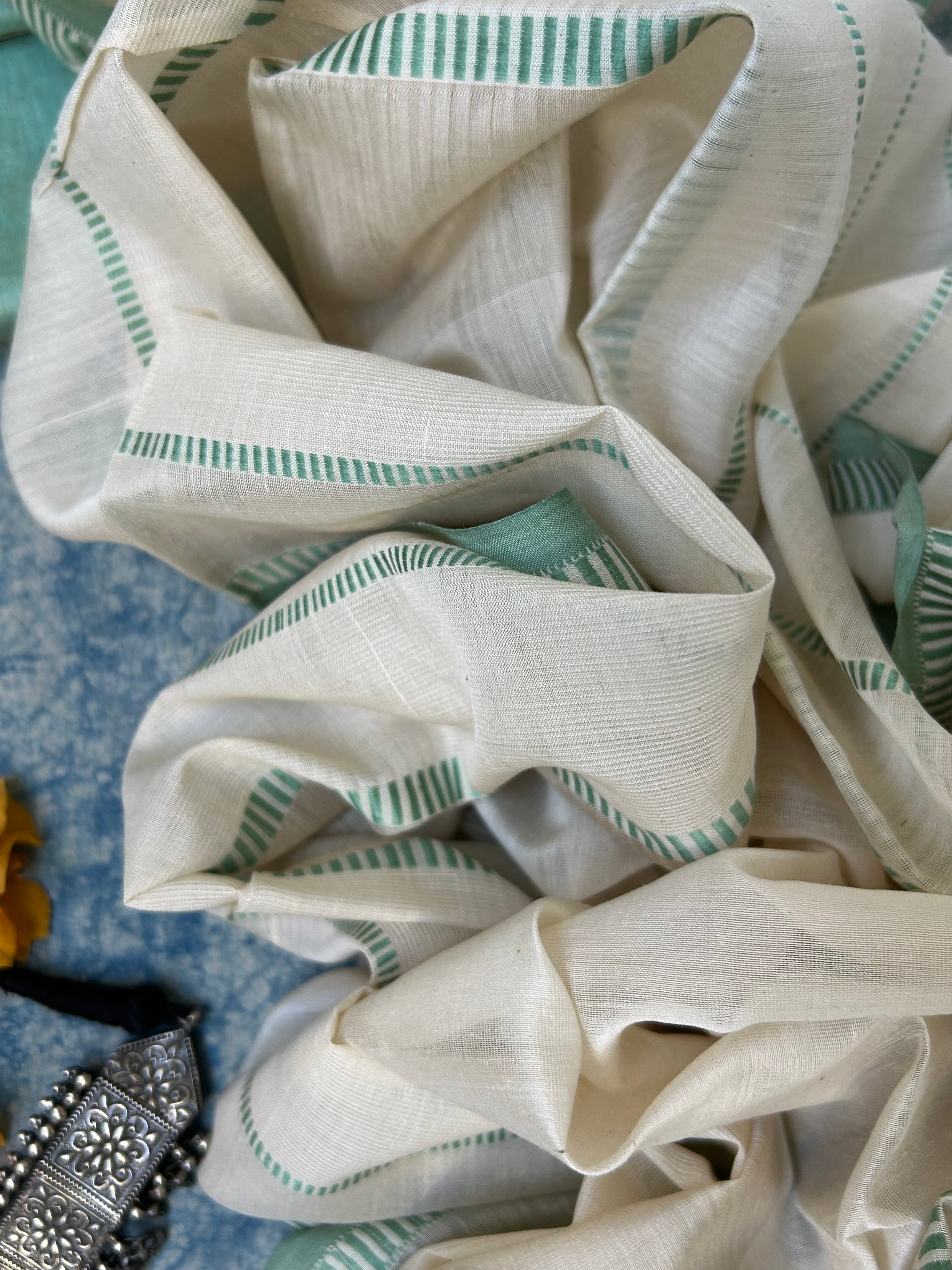 Handwoven Maheshwari Kurta Dupatta Set - Sage Green and Ivory