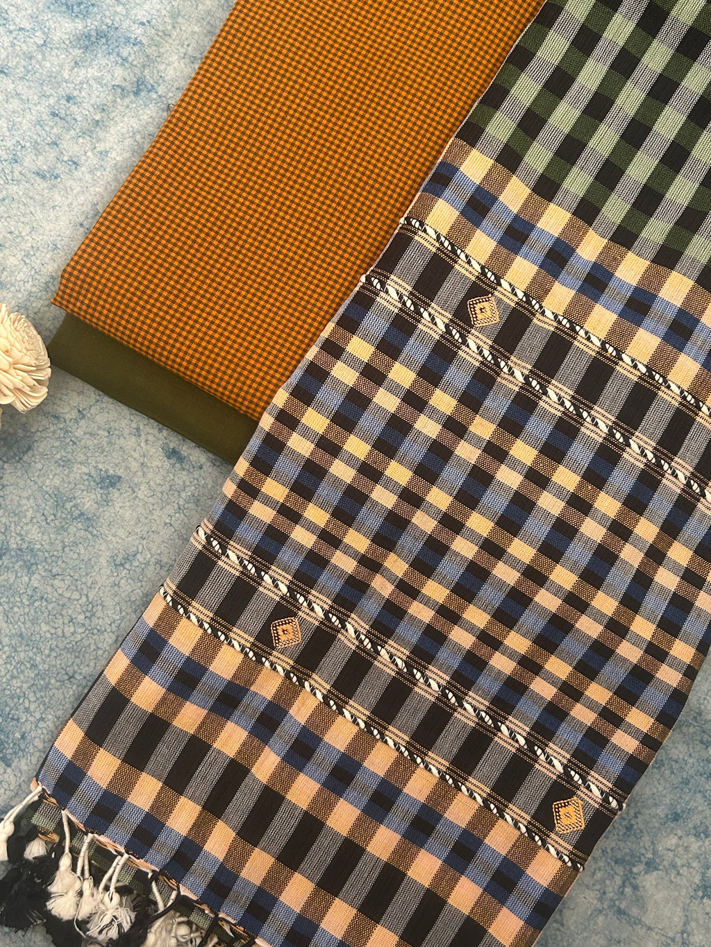 Handwoven Bhujodi Set - Warm Turmeric and Moss Green