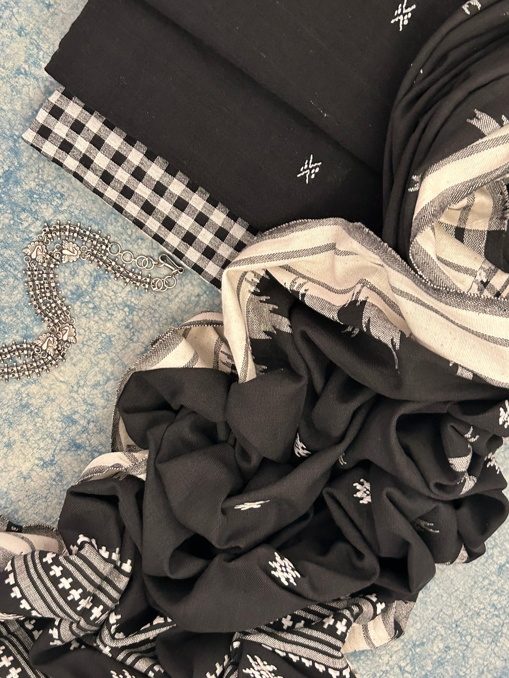 Handspun Handwoven Kotpad Suit Set -Black Butti & Checkered