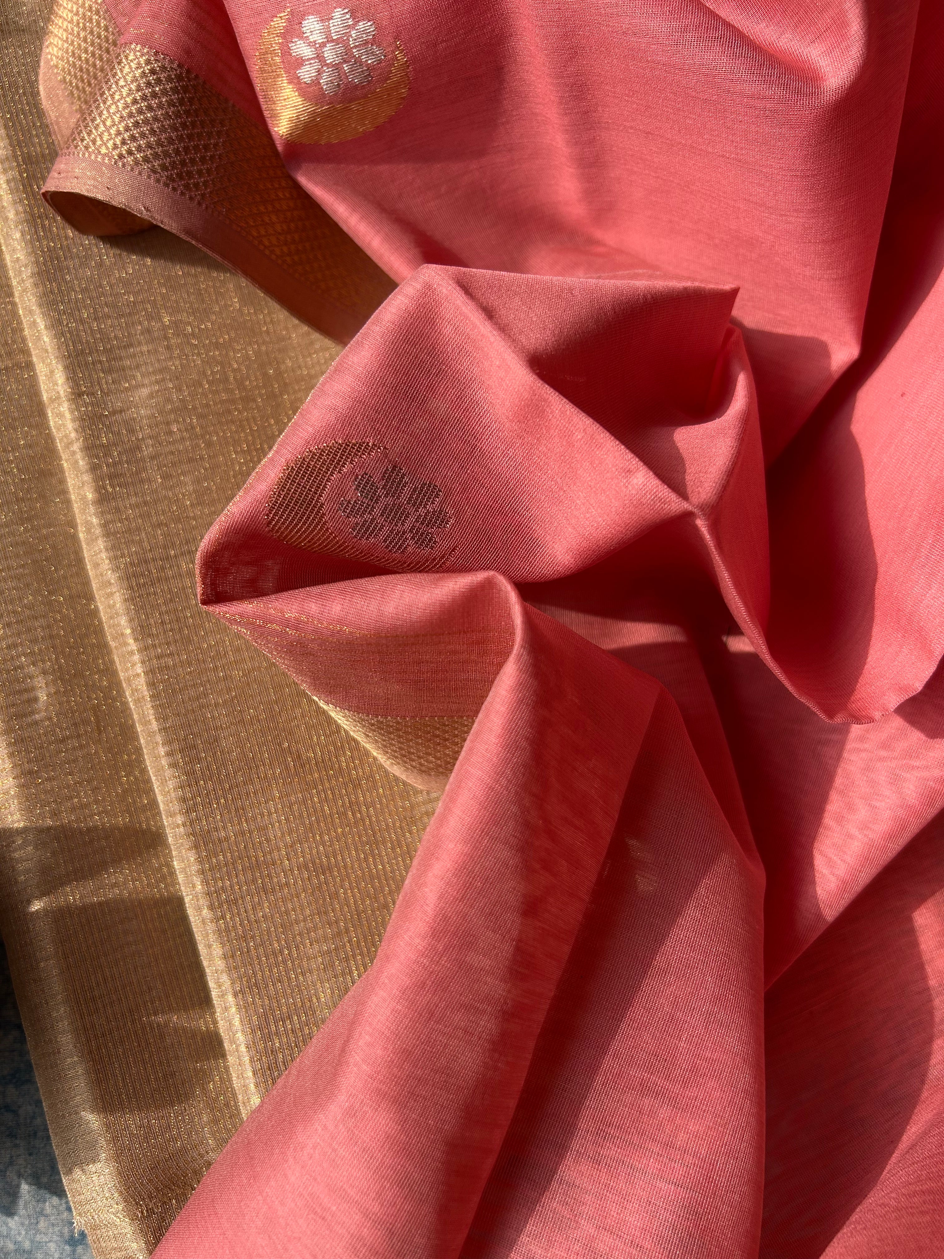 Handwoven Maheshwari Tissue Kurta Dupatta Set -Gold & Baby Pink