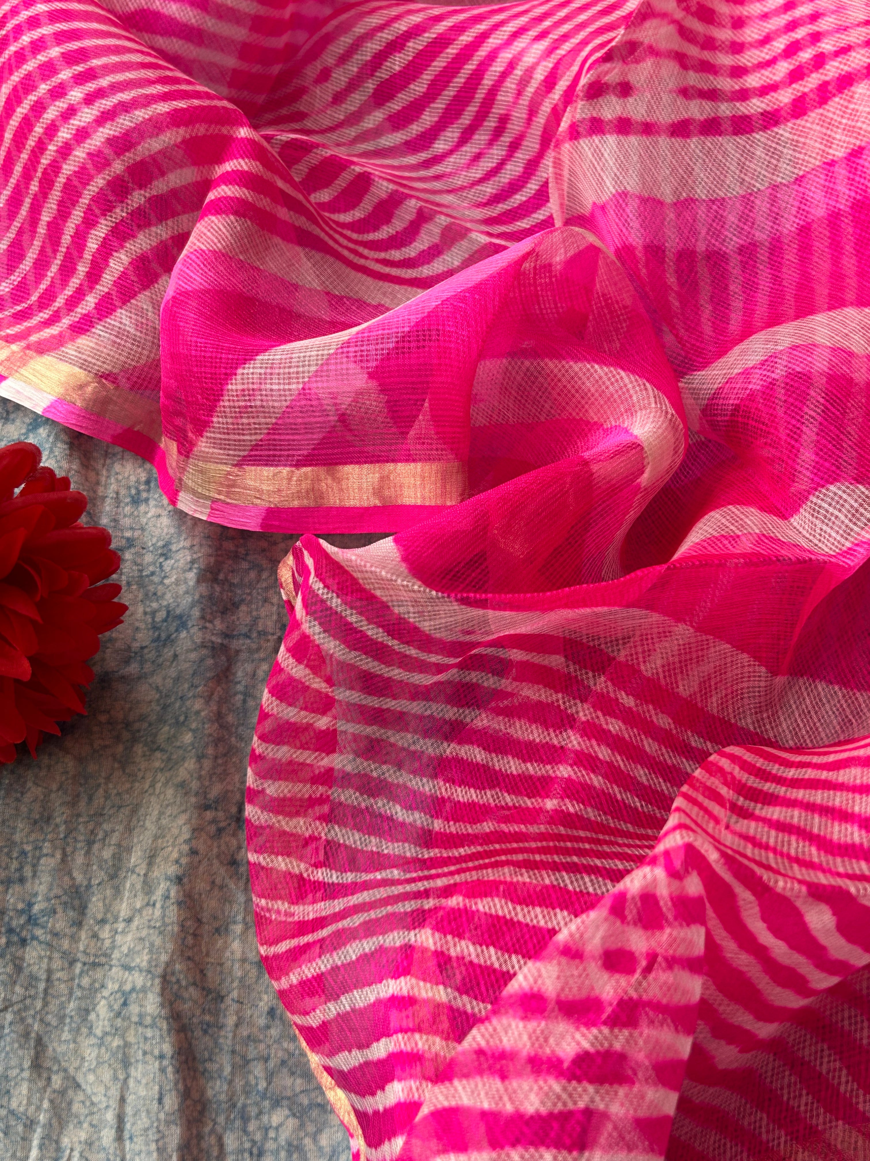 Handcrafted Tie-Dye Silk Kota Doria Dupatta - Fuschia Pink