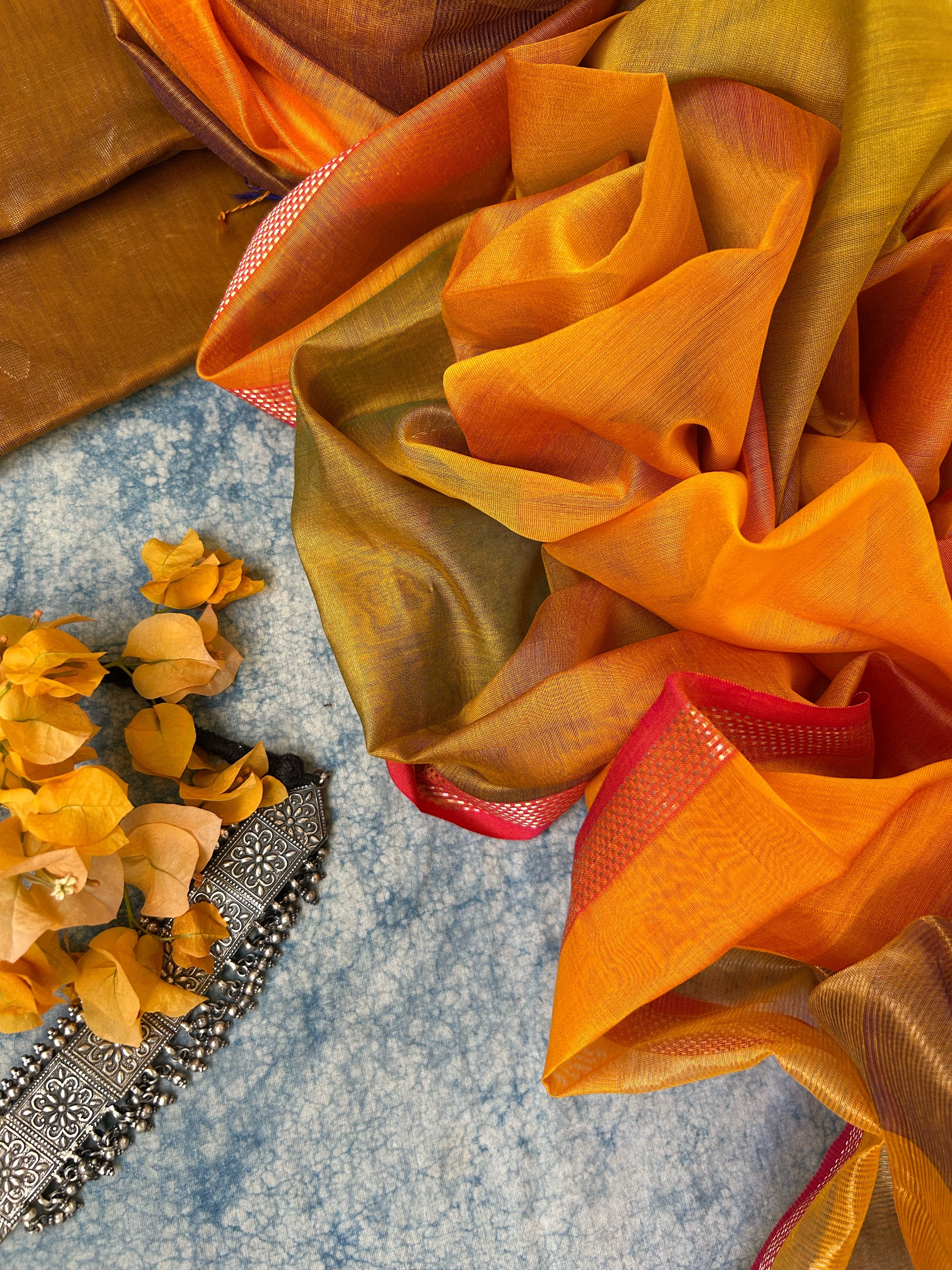 Handwoven Maheshwari Kurta Dupatta Set - Mustard and Orange