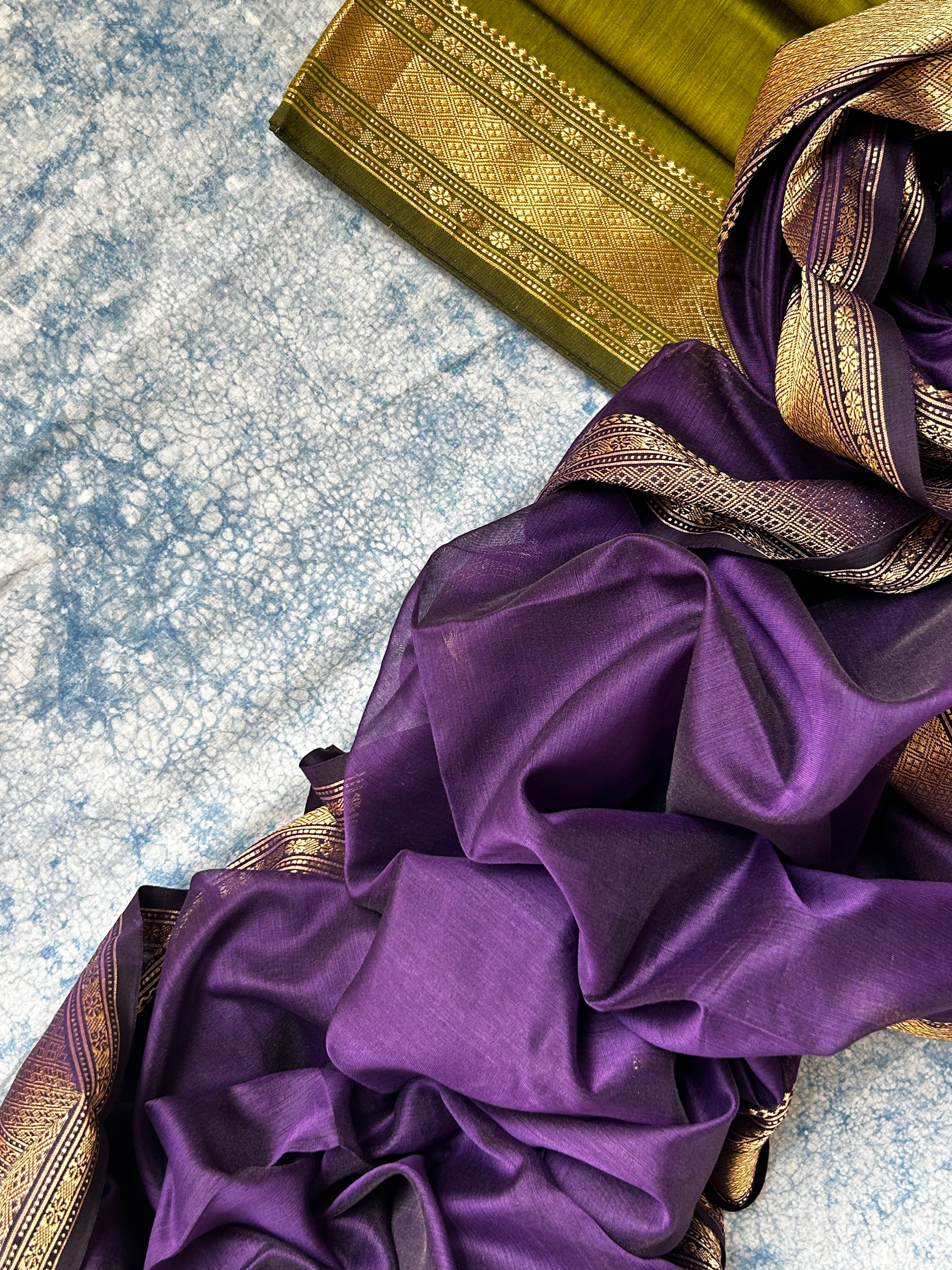 Handwoven Maheshwari Kurta Dupatta Set - Lime Green & Purple
