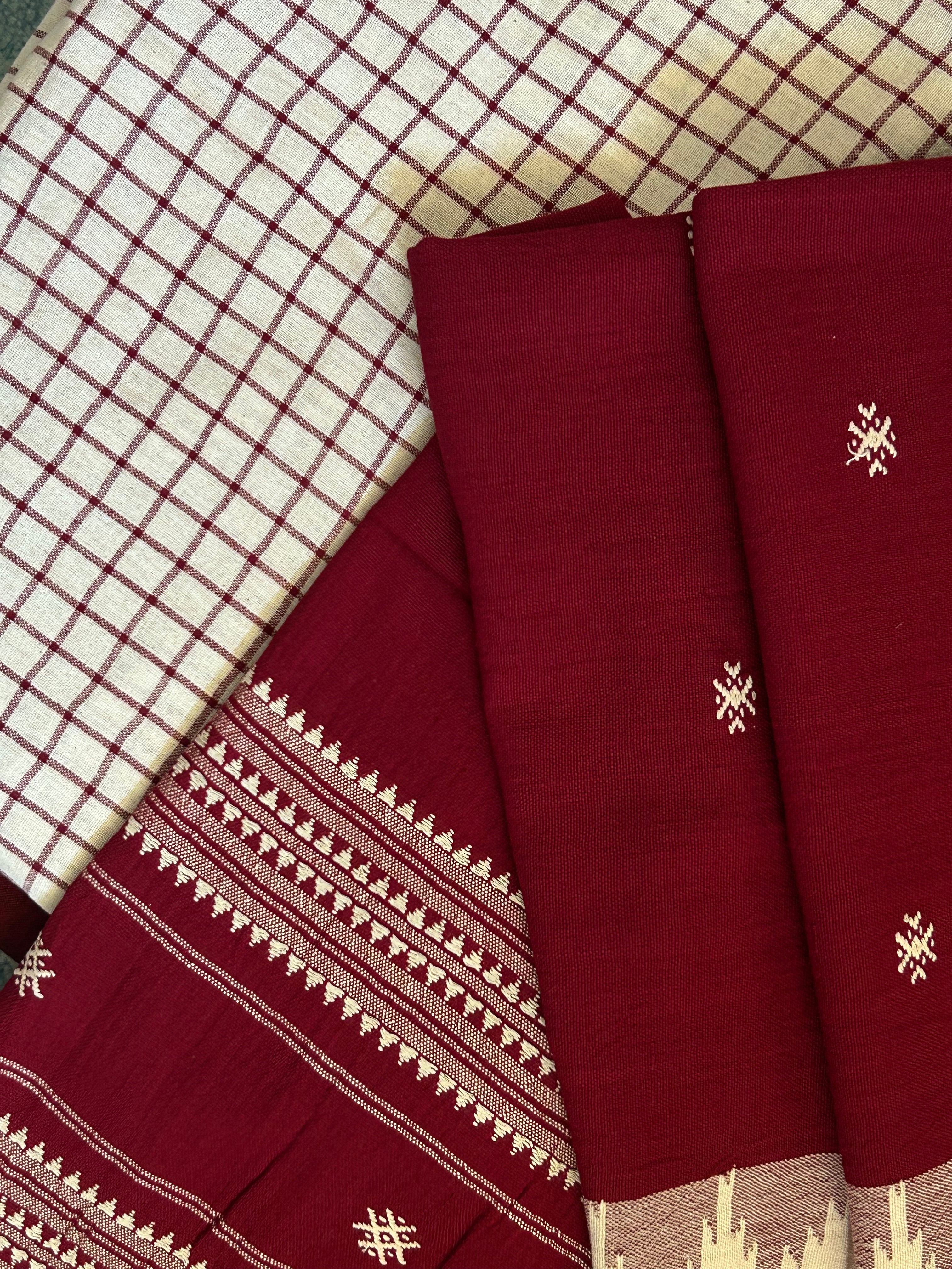 Handspun Handwoven Kotpad Suit Set - Ivory Maroon Checks