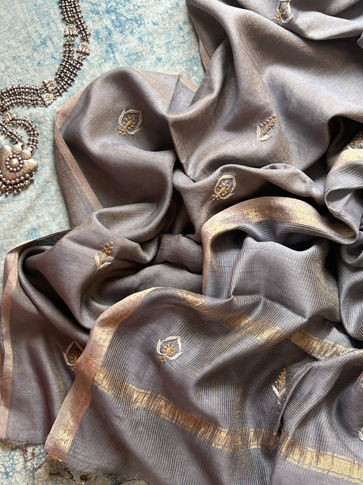 Rohini - Handwoven Chikankari Work Maheshwari Tissue Set