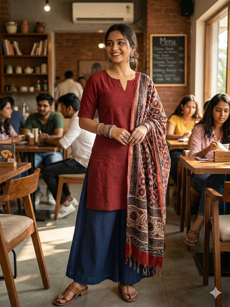 Handwoven Handblock Printed Set - Deep Blue and Maroon