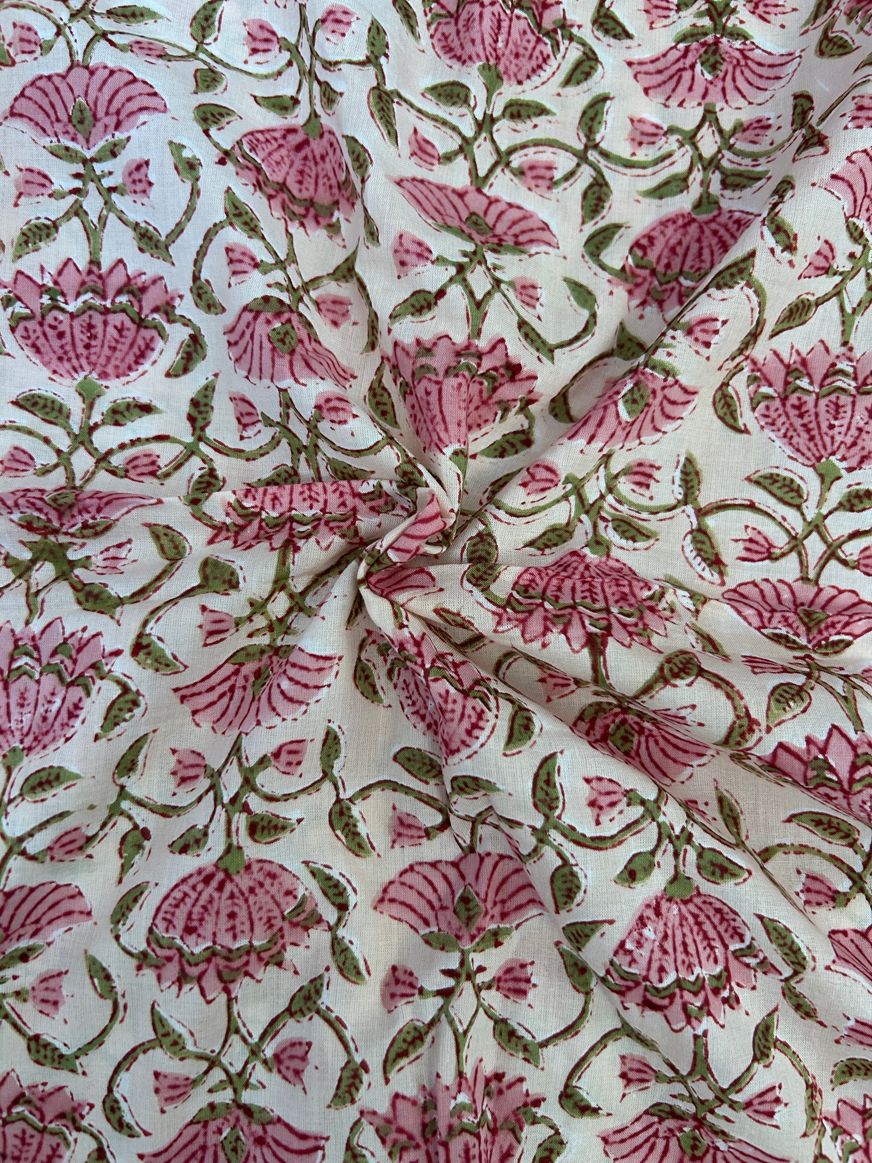 Handblock Printed Azofree dye cotton - Floral Pink & Green(1m)
