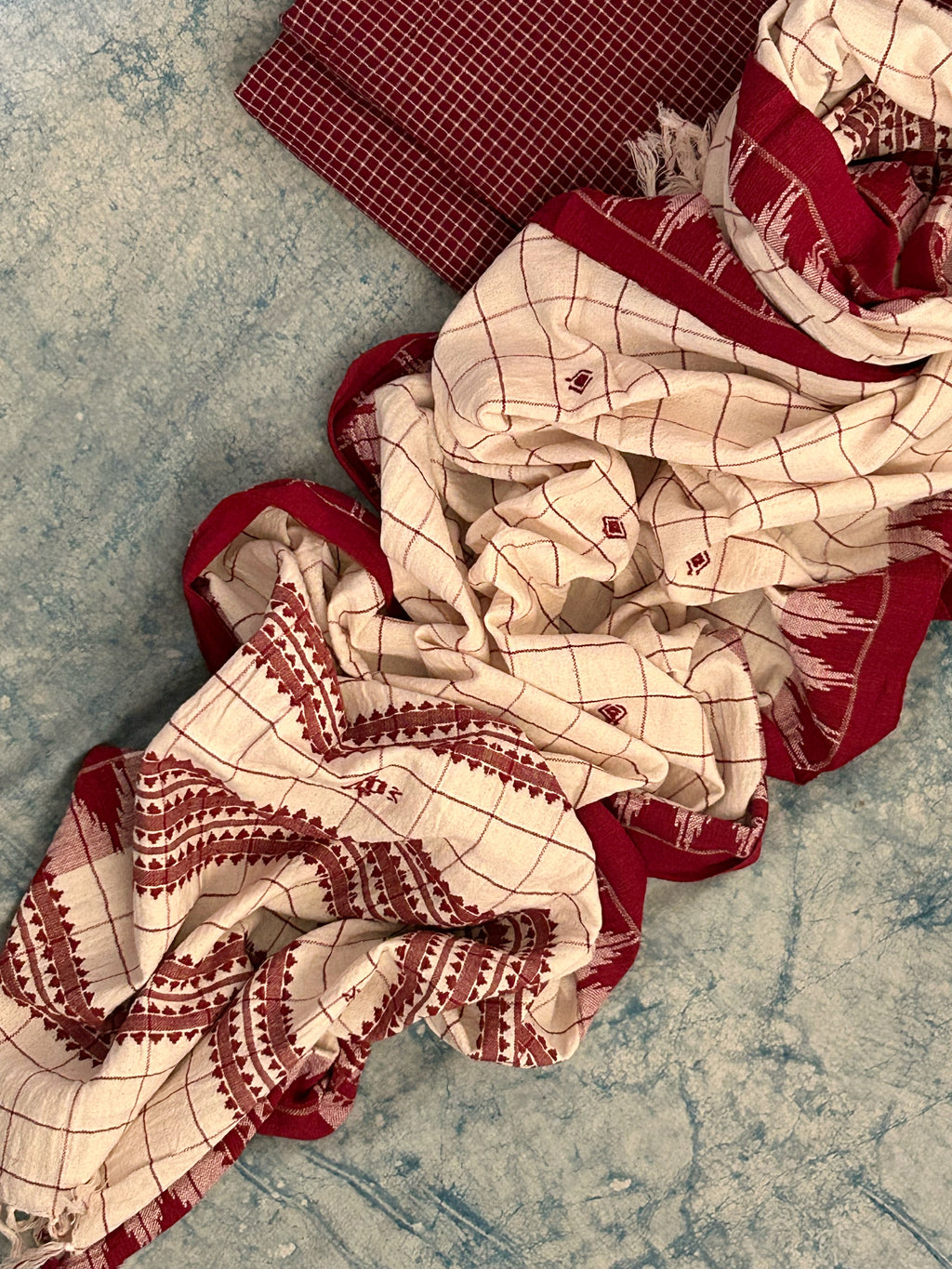 Handspun Handwoven Kotpad Suit Set - Maroon Check