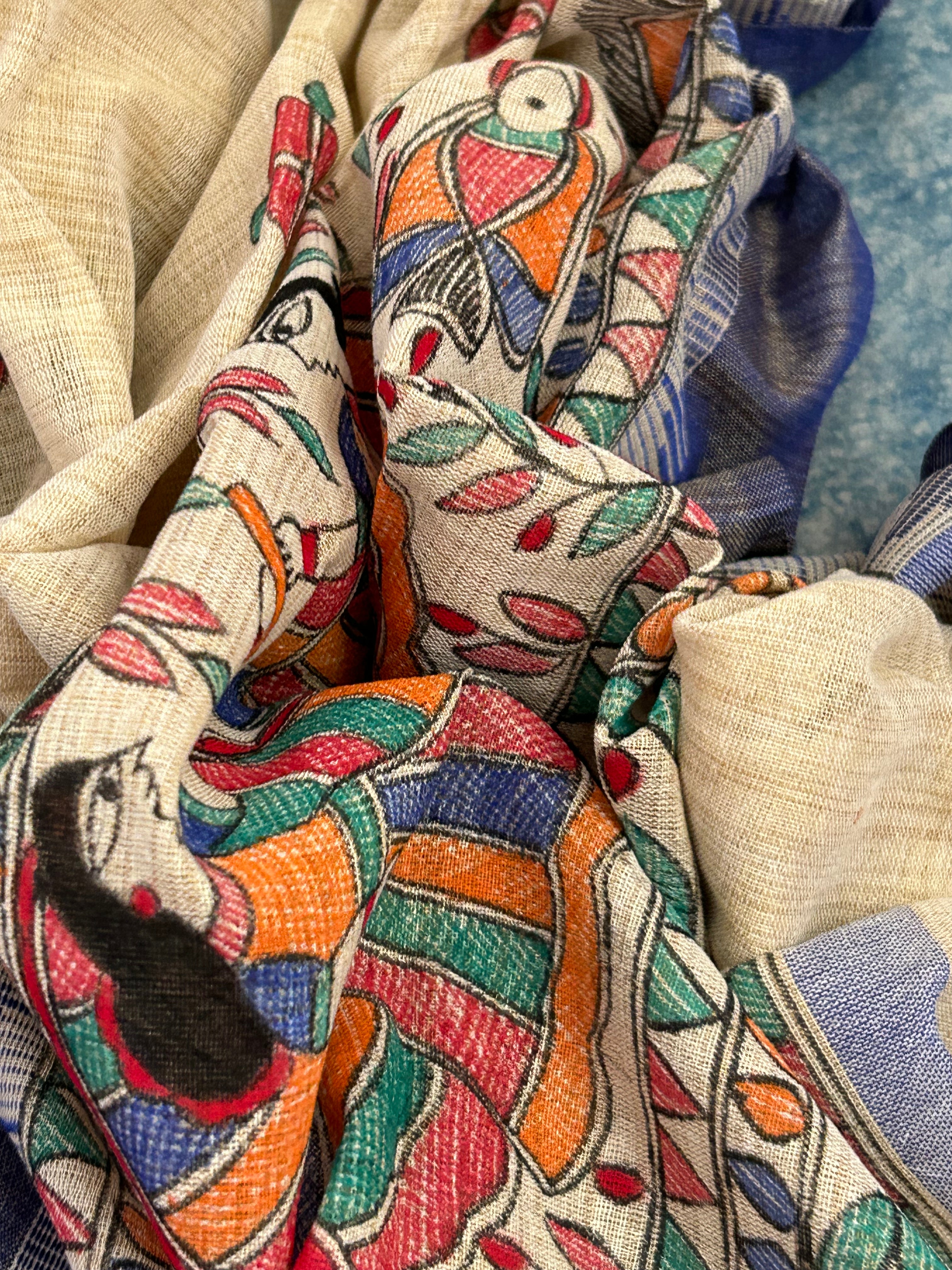 Madhubani Handpainted Cotton Silk Dupatta