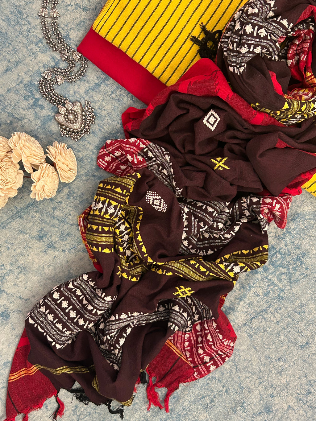 Handspun Handwoven Kotpad Suit Set - Yellow and Brown Red